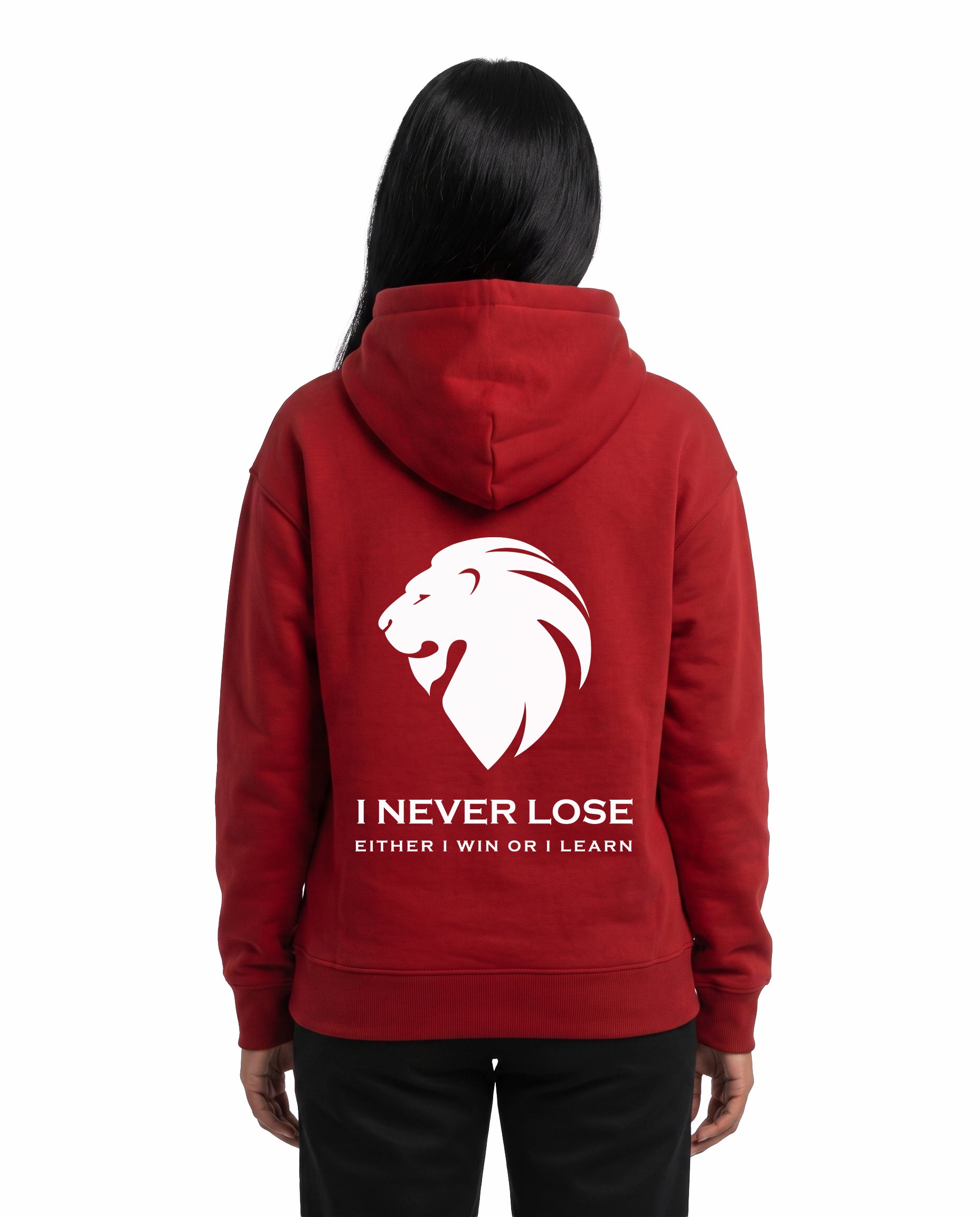 Back view of female model wearing I NEVER LOSE - Unisex Regular Fit Hoodie in red in a studio setting.
