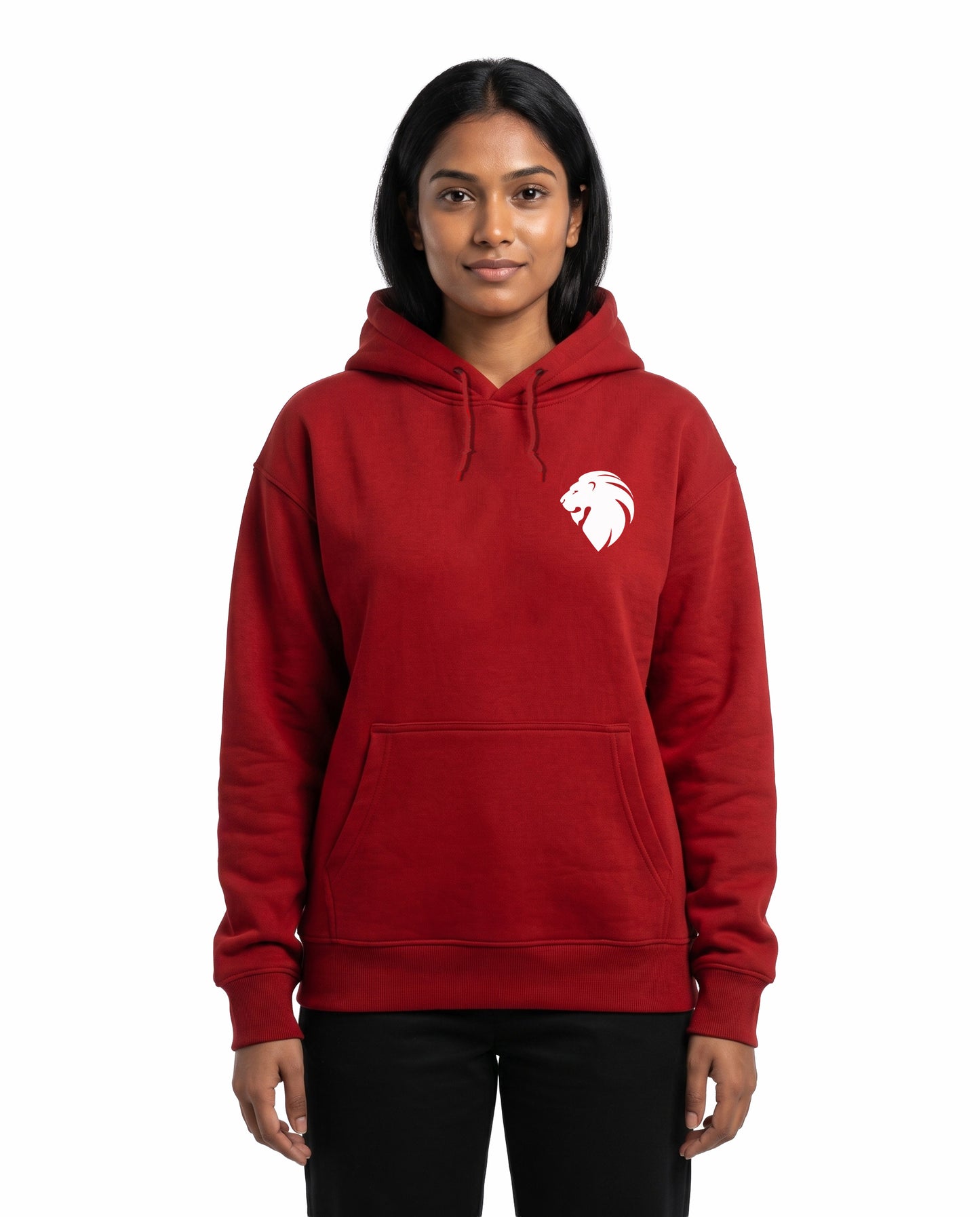 Front view of female model wearing I NEVER LOSE - Unisex Regular Fit Hoodie in red in a studio setting.