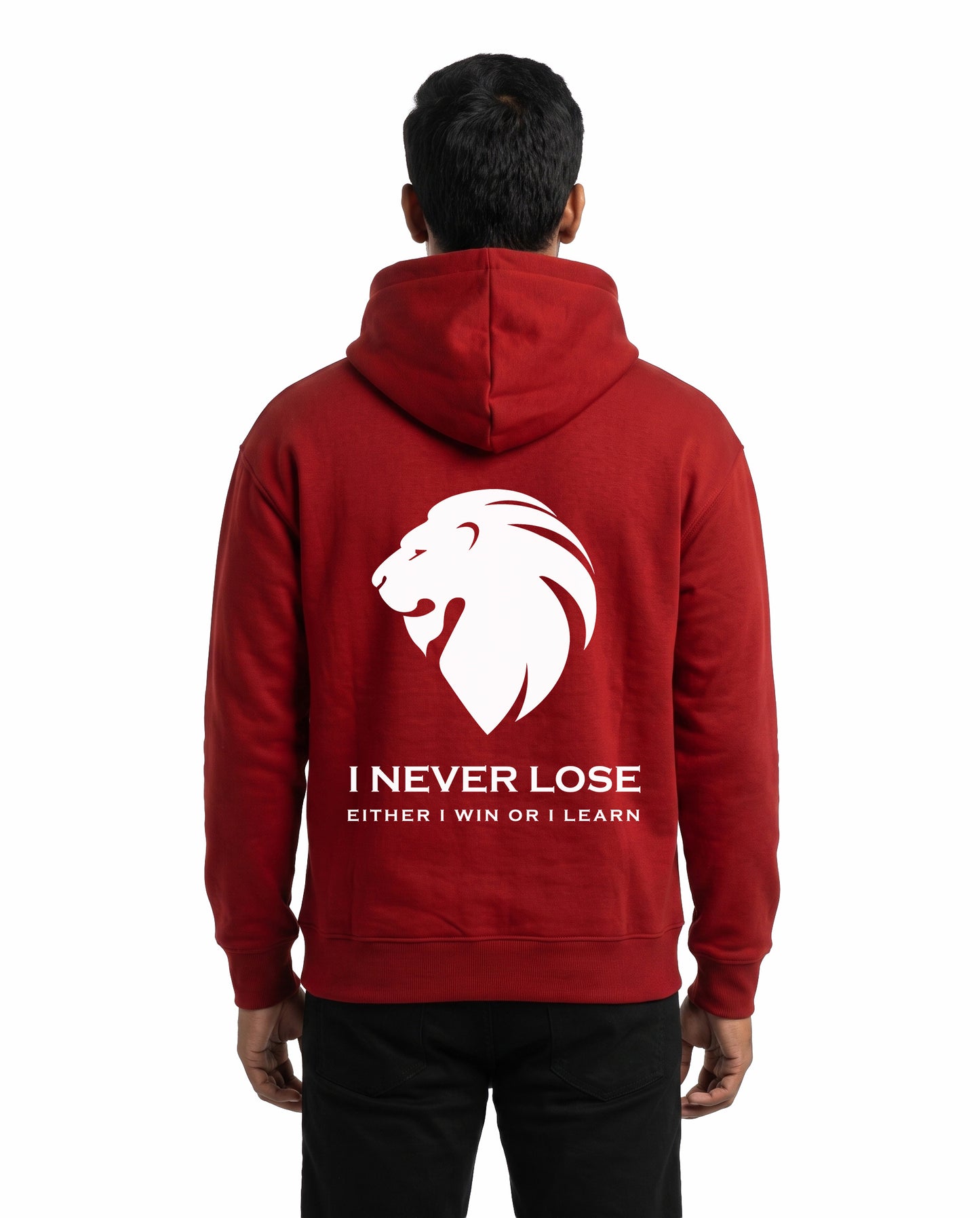 Back view of male model wearing I NEVER LOSE - Unisex Regular Fit Hoodie in red in a studio setting.