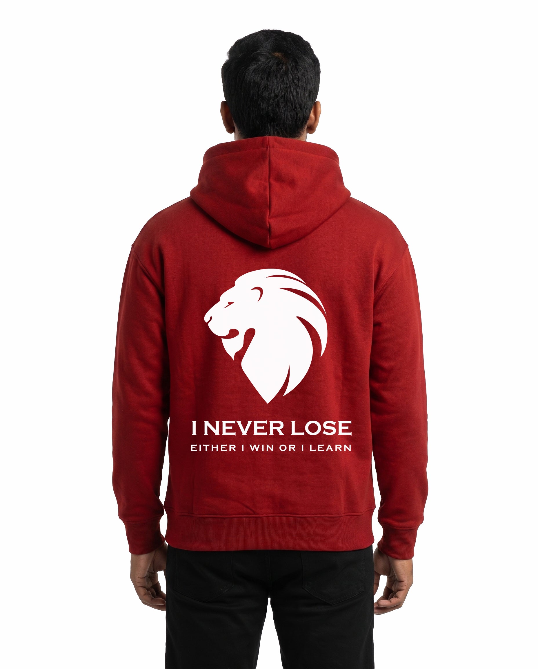 Back view of male model wearing I NEVER LOSE - Unisex Regular Fit Hoodie in red in a studio setting.