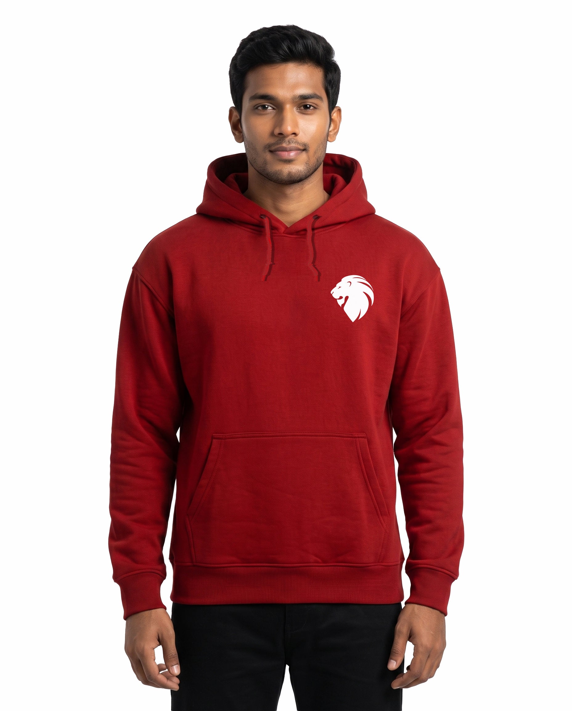 Front view of male model wearing I NEVER LOSE - Unisex Regular Fit Hoodie in red in a studio setting.