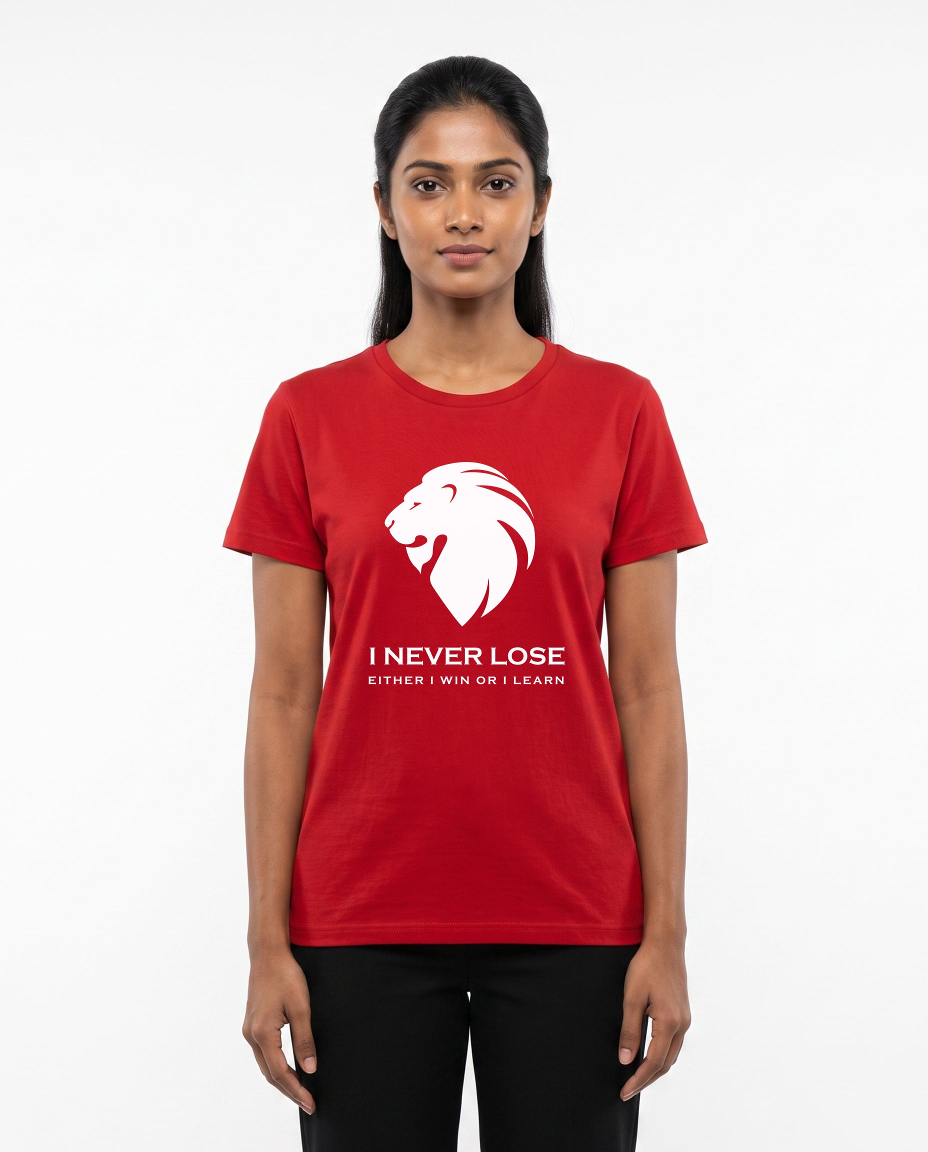 Female model wearing I NEVER LOSE women's regular-fit t-shirt in red in a studio setting.