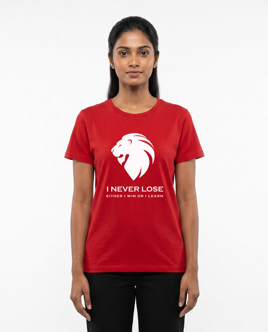 Female model wearing I NEVER LOSE women's regular-fit t-shirt in red in a studio setting.