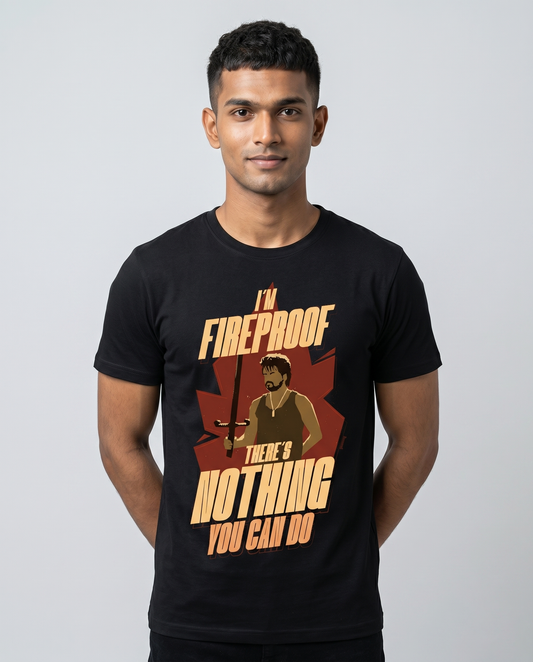 Young South Indian male wearing I'M FIREROOF men's regular-fit t-shirt in black in professional studio portrait.