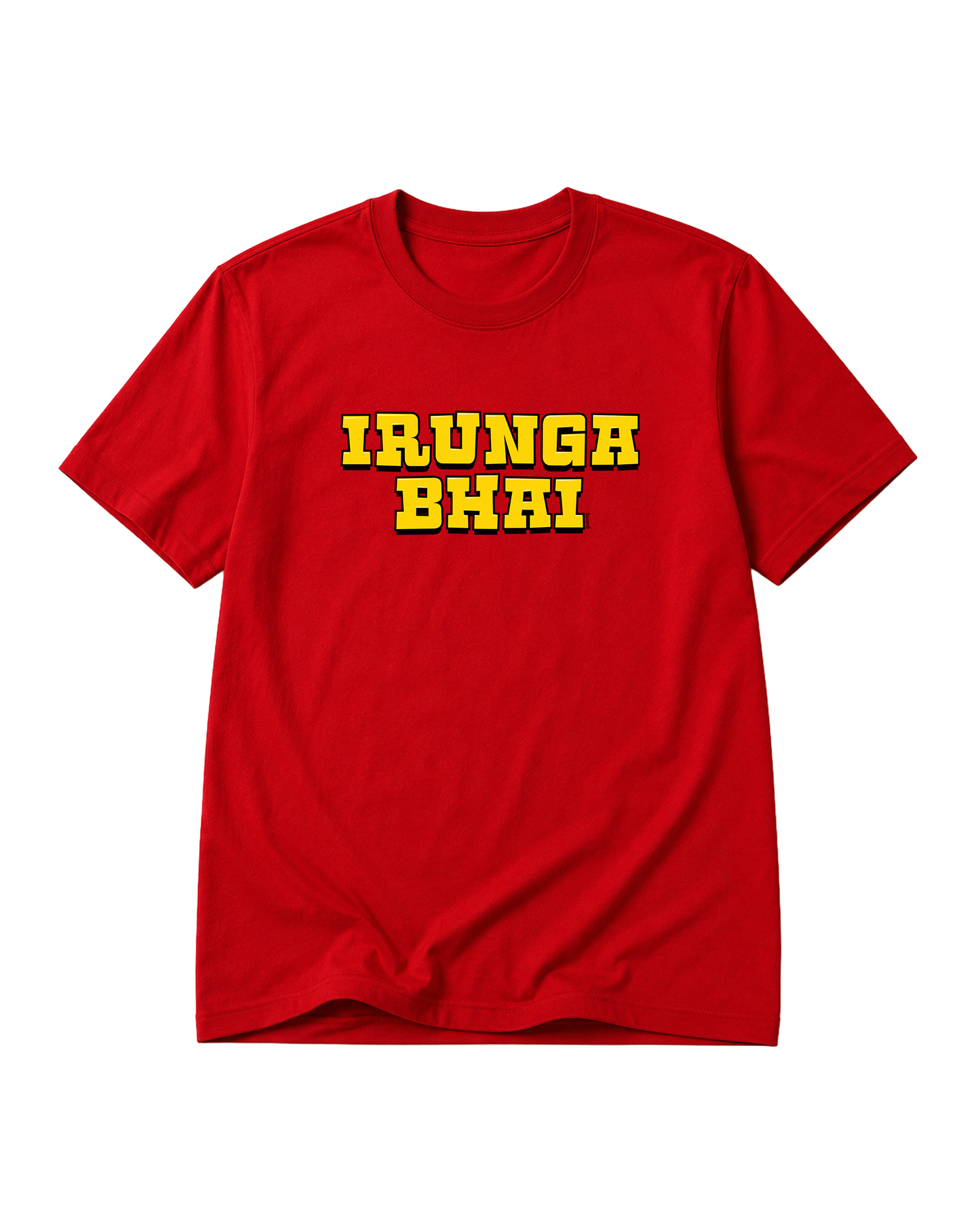 Product mockup of IRUNGA BHAI men's regular-fit t-shirt in red.