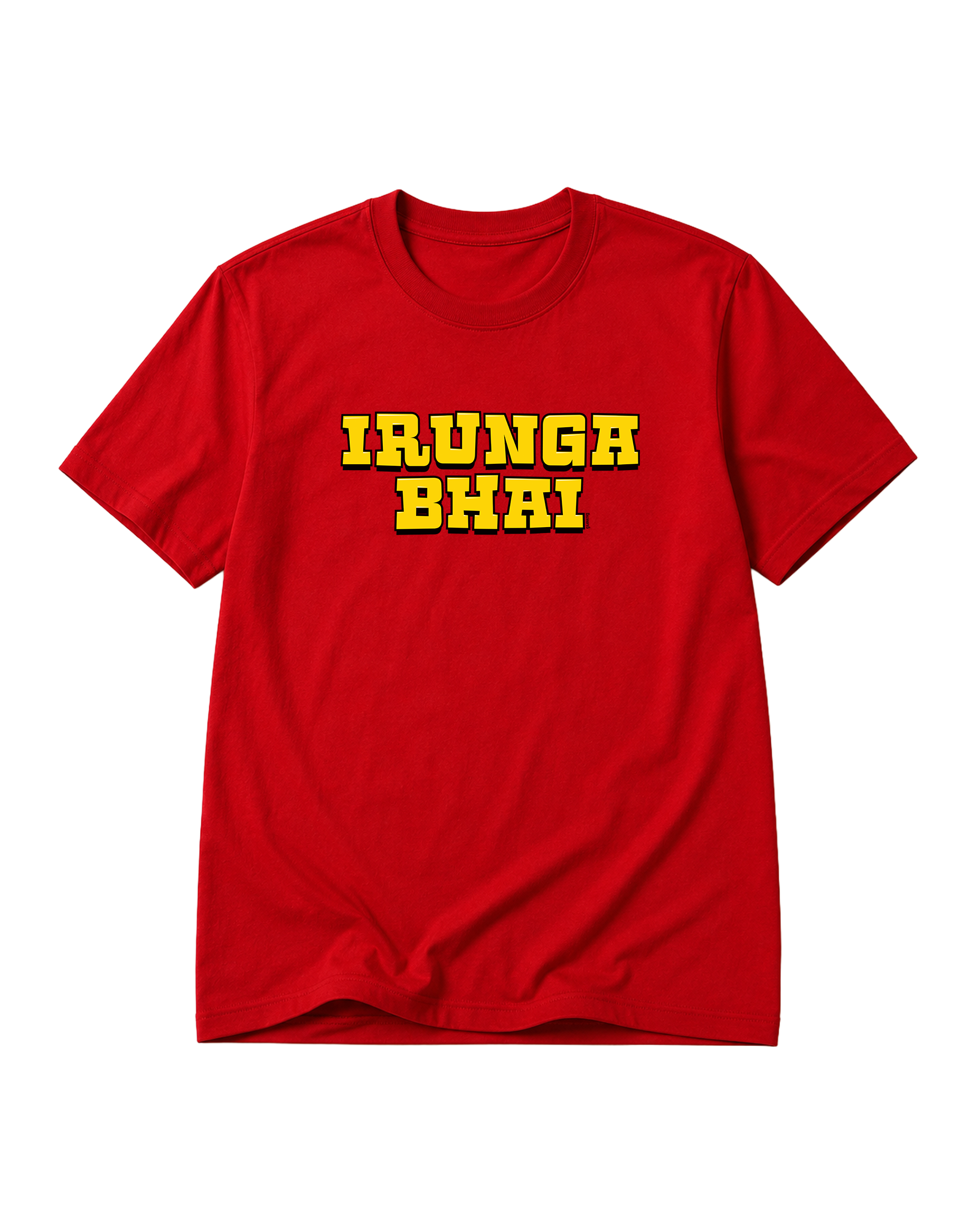 Product mockup of IRUNGA BHAI men's regular-fit t-shirt in red.