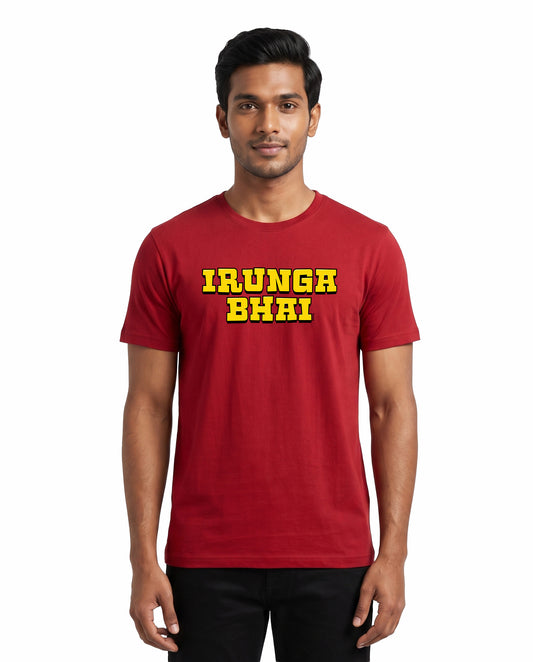 Male model wearing IRUNGA BHAI men's regular-fit t-shirt in red in a studio setting.