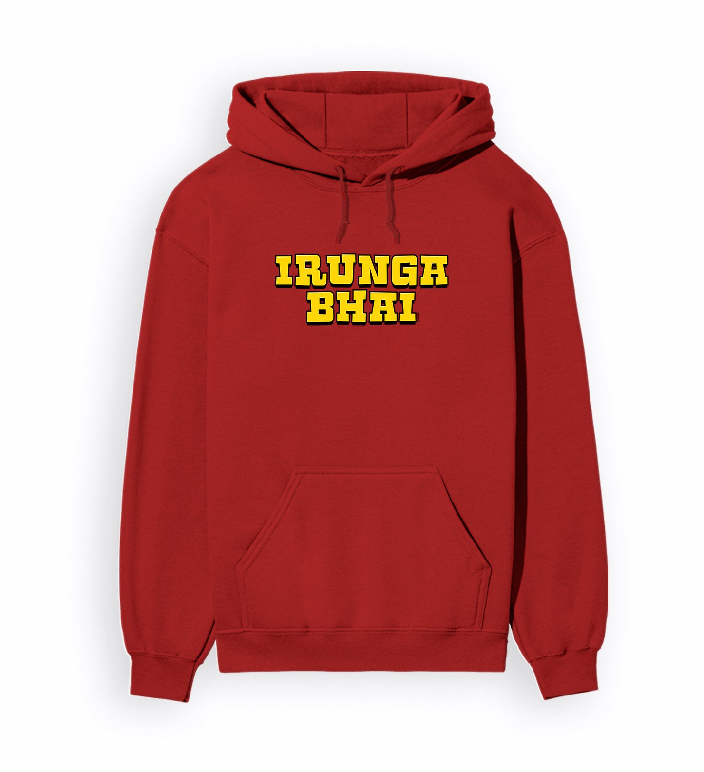 Front view of IRUNGA BHAI - Unisex Regular Fit Hoodie in red.