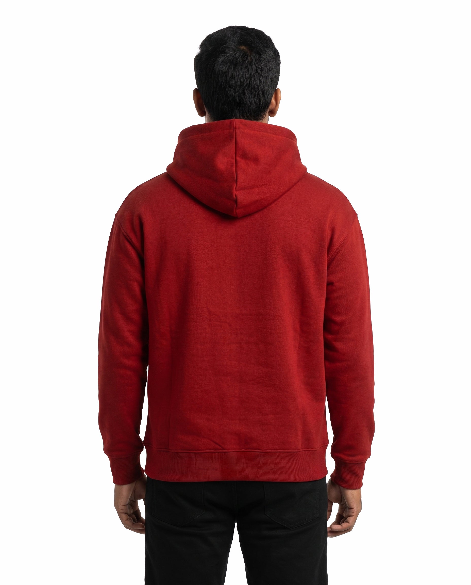 Back view of male model wearing IRUNGA BHAI - Unisex Regular Fit Hoodie in red in a studio setting.