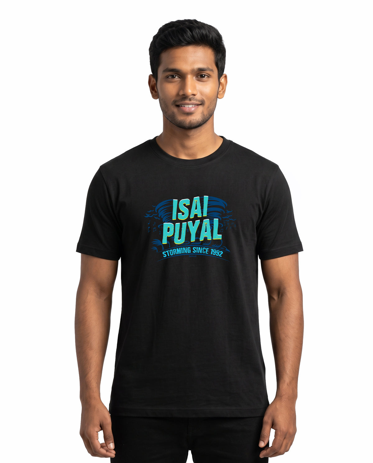 Front view of male model wearing ISAIPUYAL - Men's Regular Fit T-Shirt in black in a studio setting.