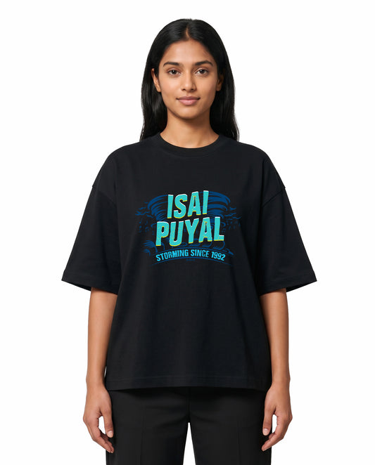 Front view of female model wearing ISAIPUYAL - Unisex Oversized Graphic T-Shirt in black in a studio setting.
