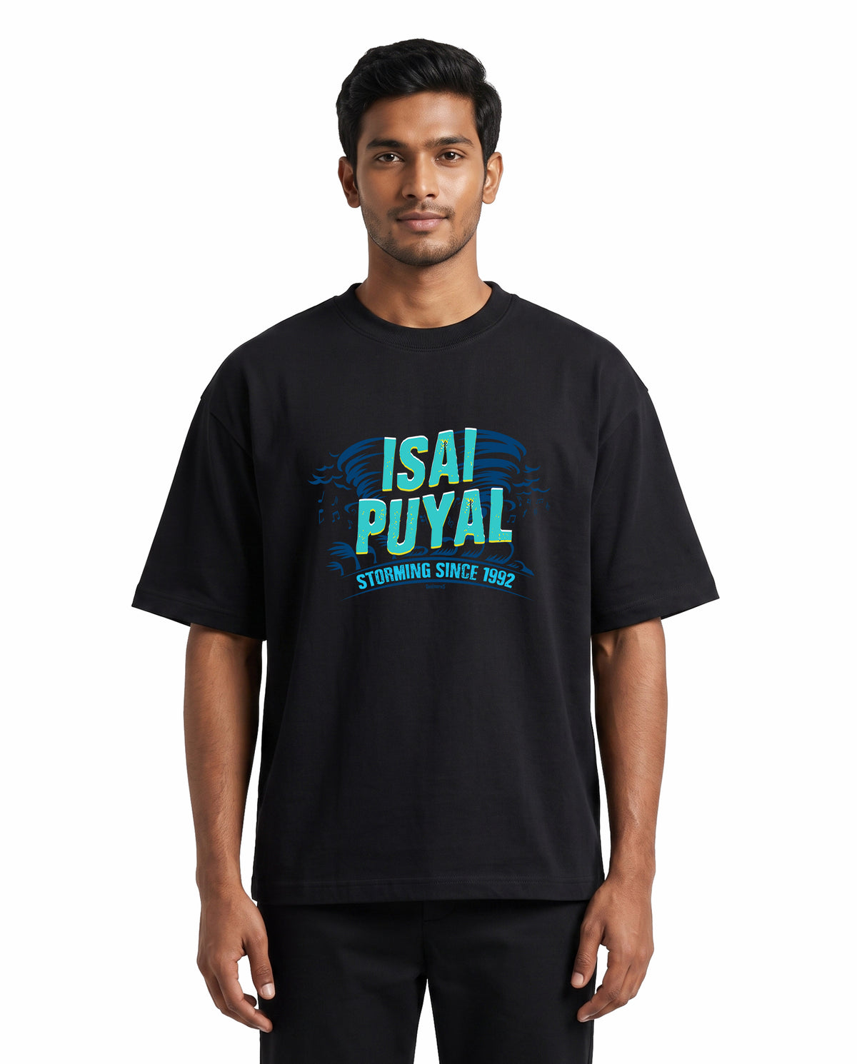 Front view of male model wearing ISAIPUYAL - Unisex Oversized Graphic T-Shirt in black in a studio setting.