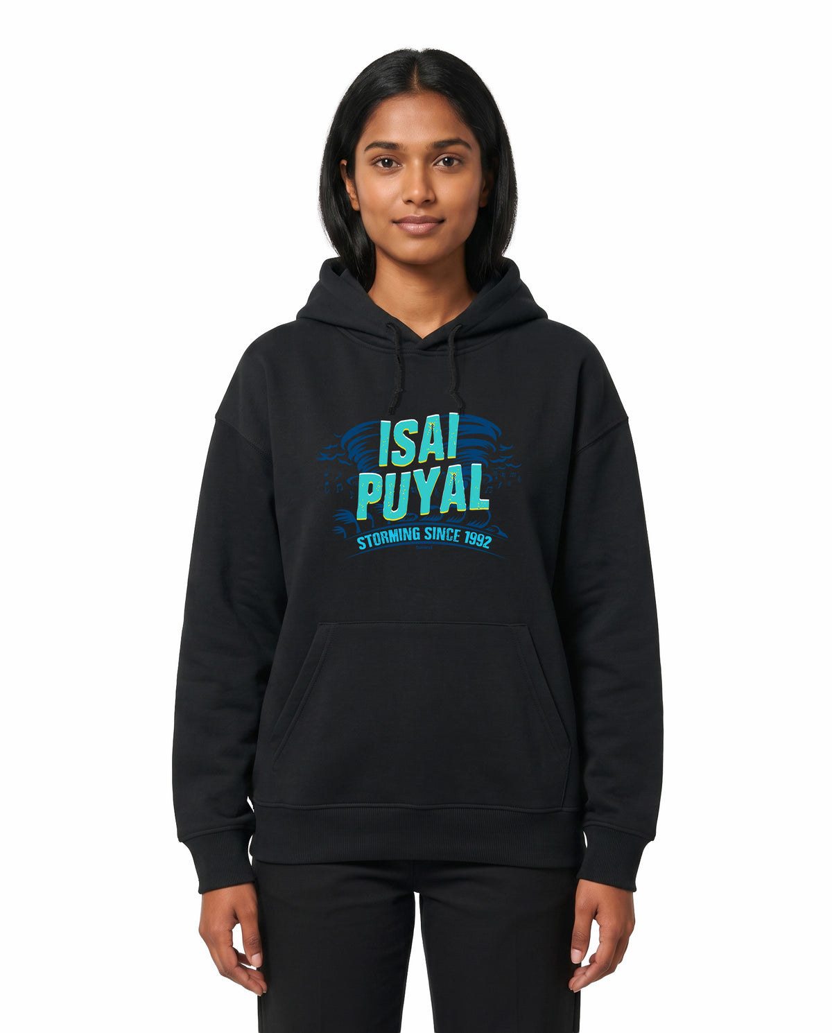 Front view of female model wearing ISAIPUYAL - Unisex Regular Fit Hoodie in black in a studio setting.