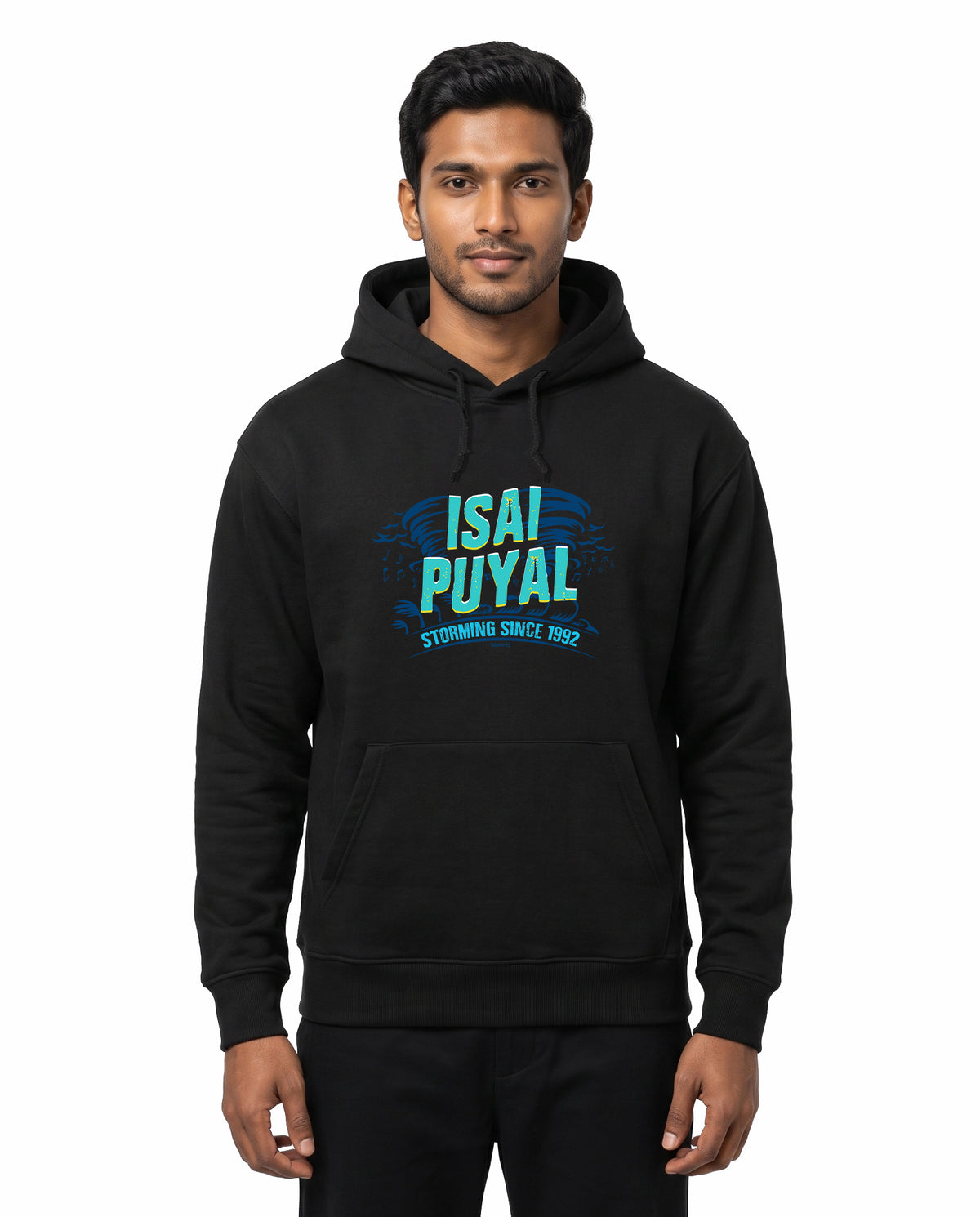 Front view of male model wearing ISAIPUYAL - Unisex Regular Fit Hoodie in black in a studio setting.