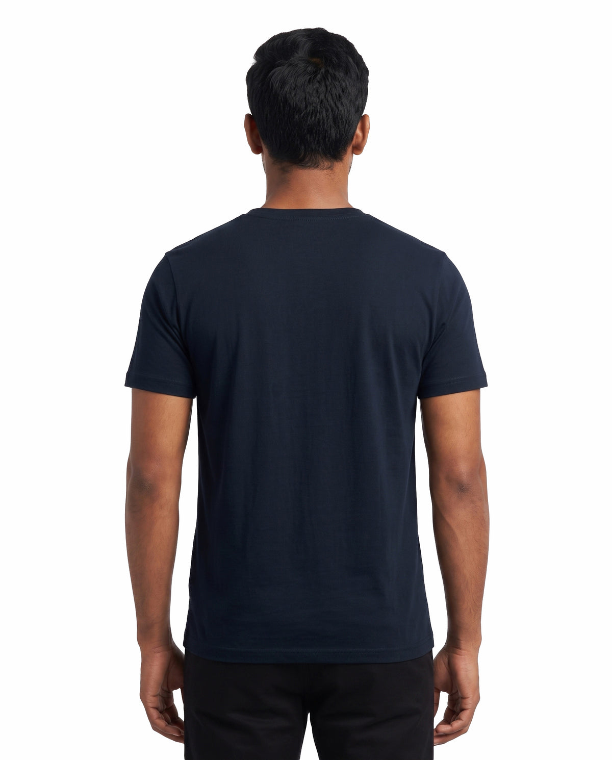 Back view of male model wearing ISAIPUYAL - Men's Regular Fit T-Shirt in navy blue in a studio setting.