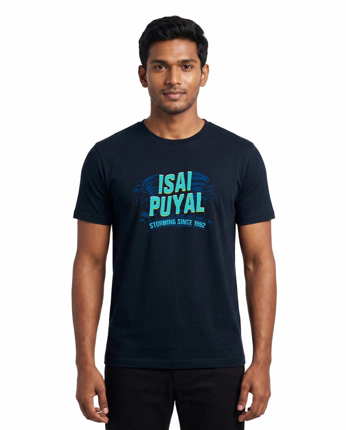 Front view of male model wearing ISAIPUYAL - Men's Regular Fit T-Shirt in navy blue in a studio setting.