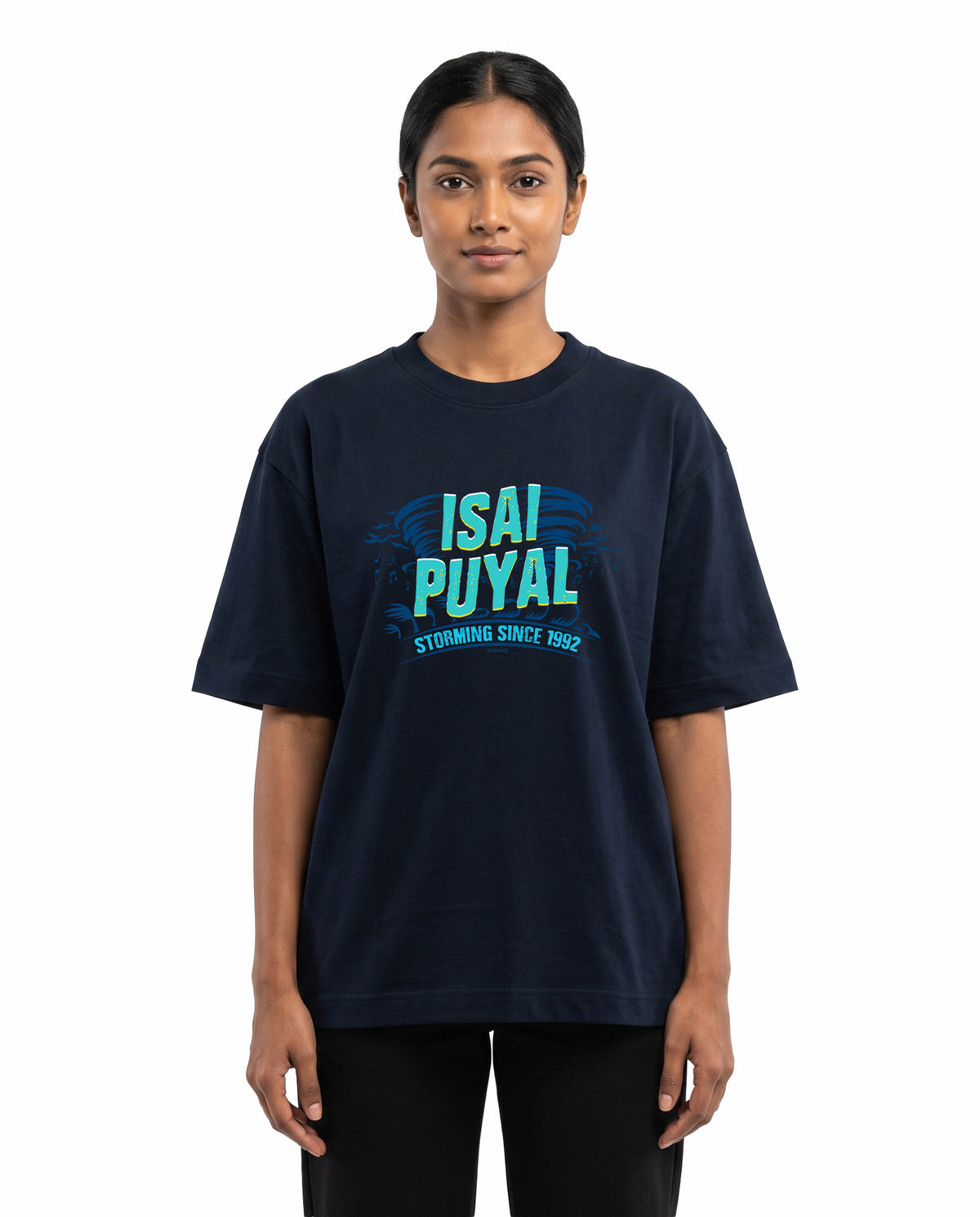 Front view of female model wearing ISAIPUYAL - Unisex Oversized Graphic T-Shirt in navy blue in a studio setting.