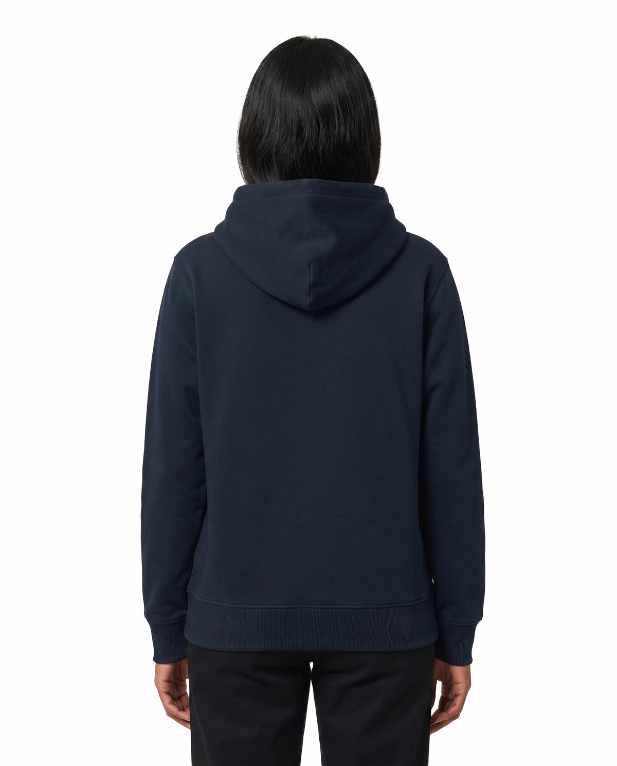 Back view of female model wearing ISAIPUYAL - Unisex Regular Fit Hoodie in navy blue in a studio setting.