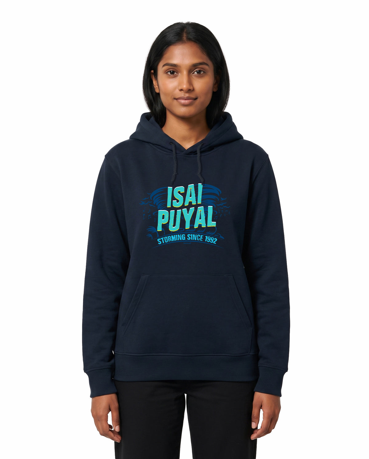 Front view of female model wearing ISAIPUYAL - Unisex Regular Fit Hoodie in navy blue in a studio setting.