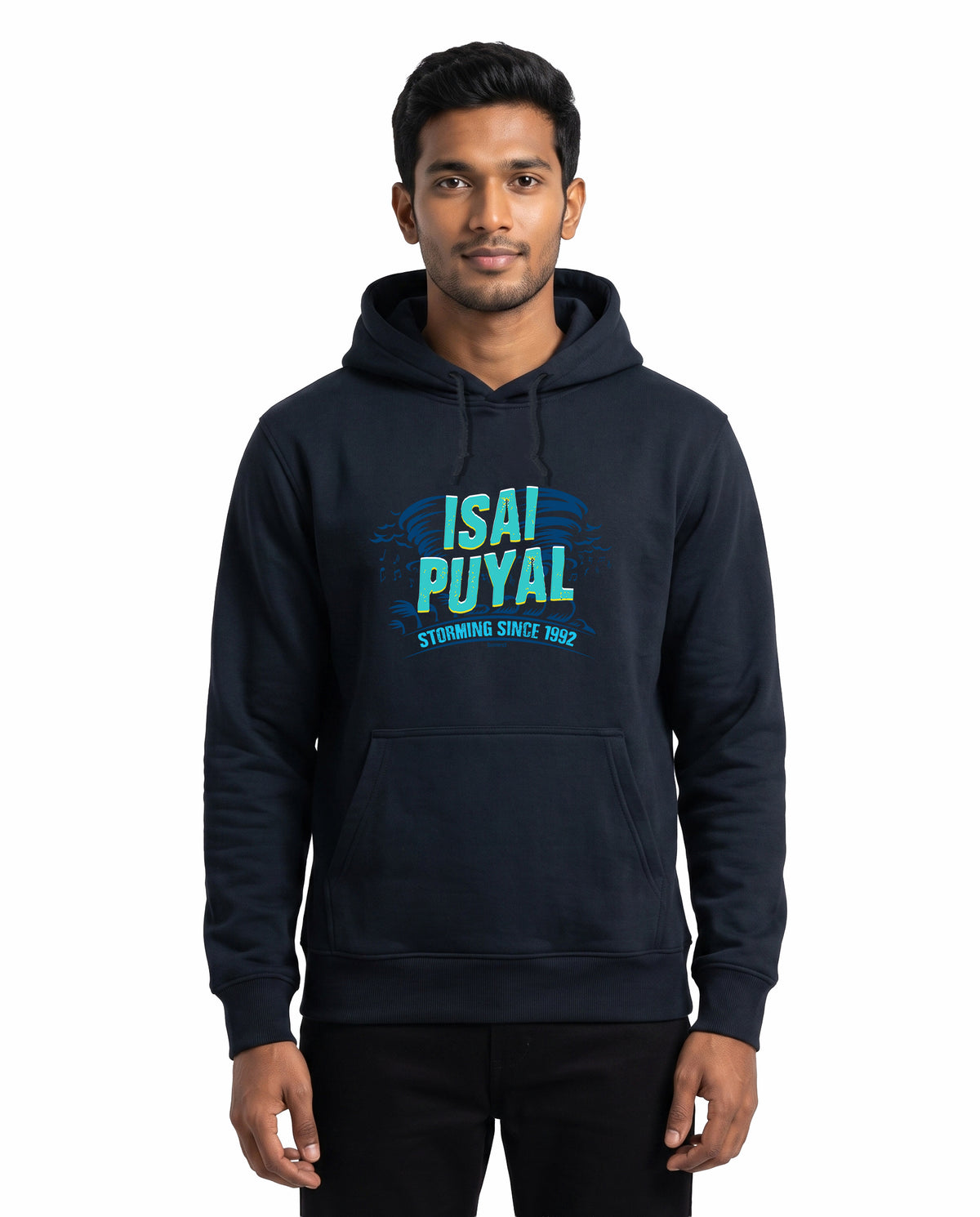 Front view of male model wearing ISAIPUYAL - Unisex Regular Fit Hoodie in navy blue in a studio setting.