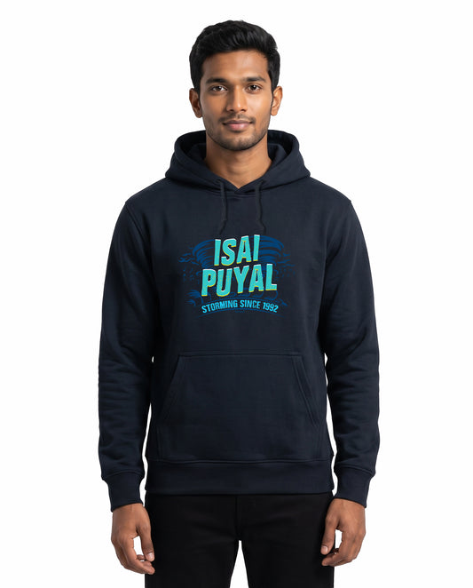 Front view of male model wearing ISAIPUYAL - Unisex Regular Fit Hoodie in navy blue in a studio setting.