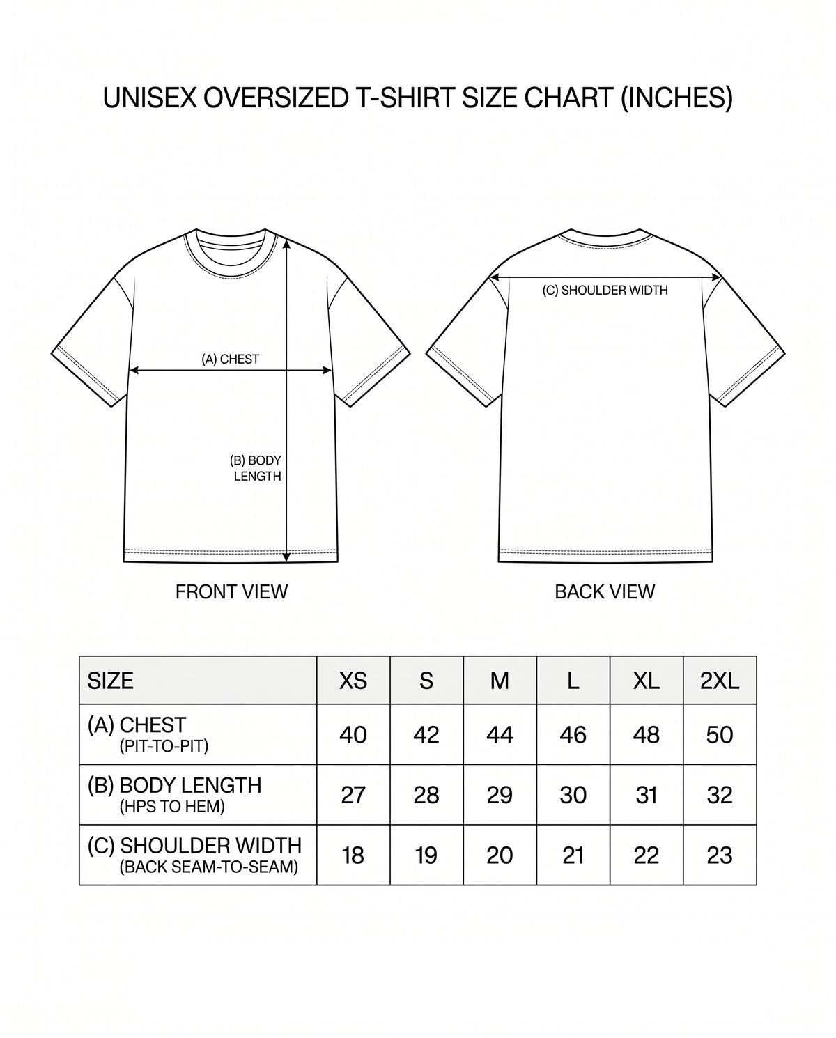 ISAIPUYAL - Unisex Oversized Graphic T-Shirt size chart with measurements.