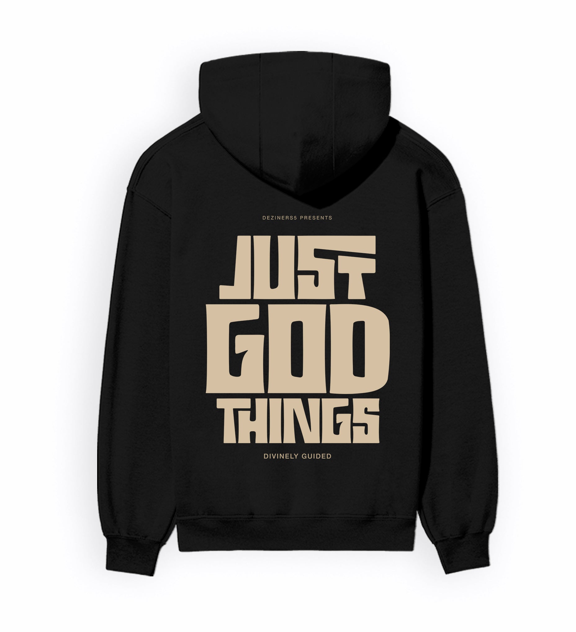 Back view of JUST GOD THINGS - Unisex Regular Fit Hoodie in black.