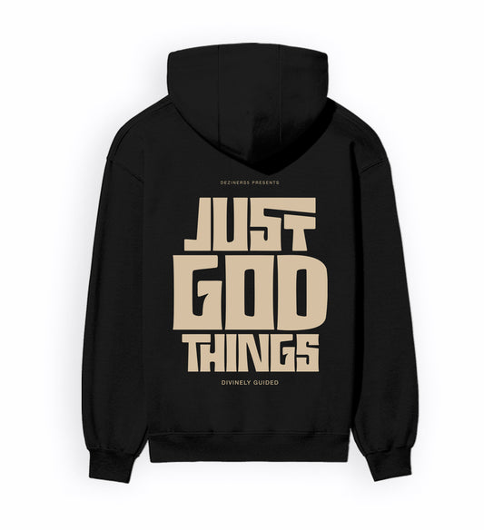 Back view of JUST GOD THINGS - Unisex Regular Fit Hoodie in black.