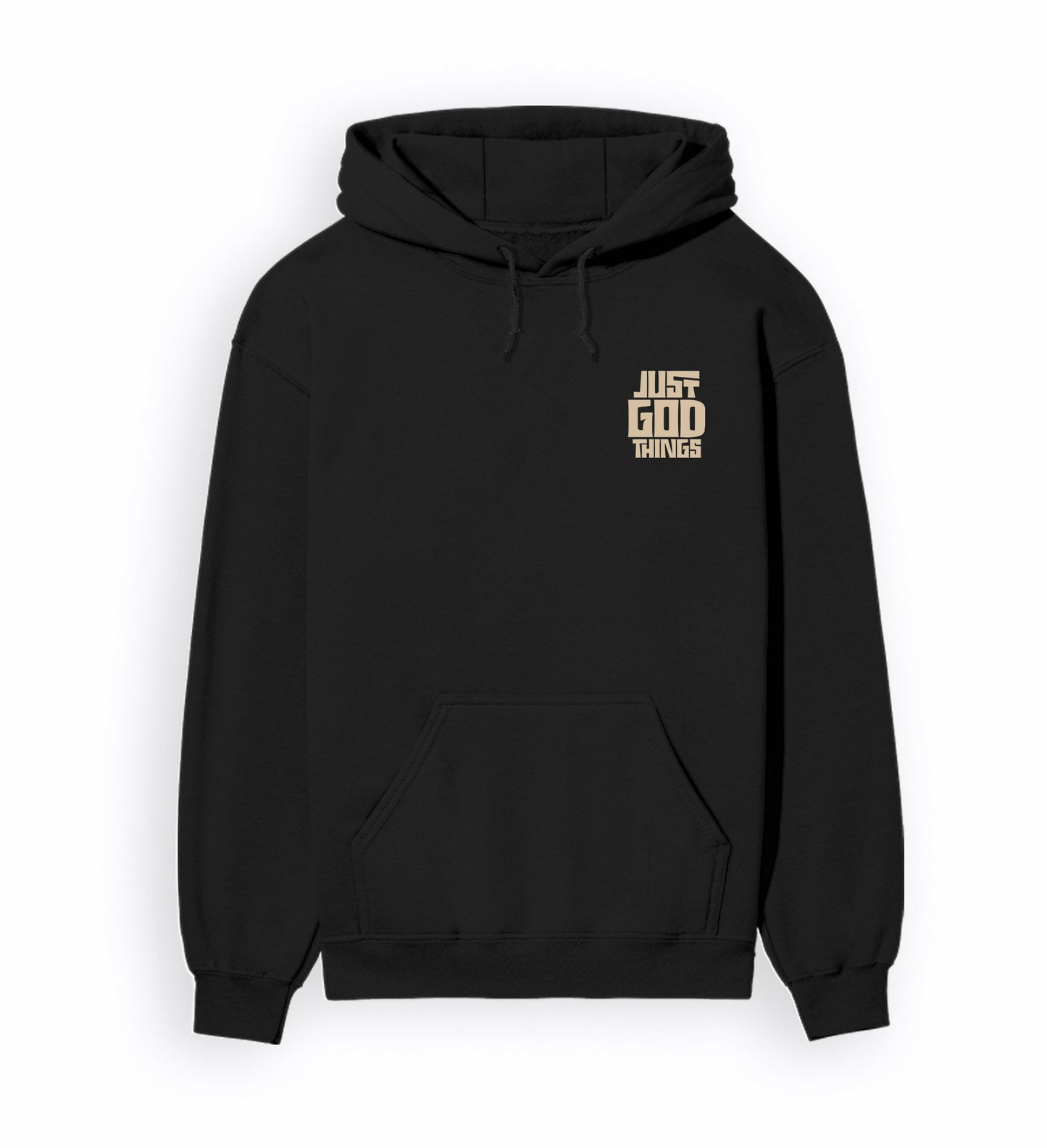 Front view of JUST GOD THINGS - Unisex Regular Fit Hoodie in black.