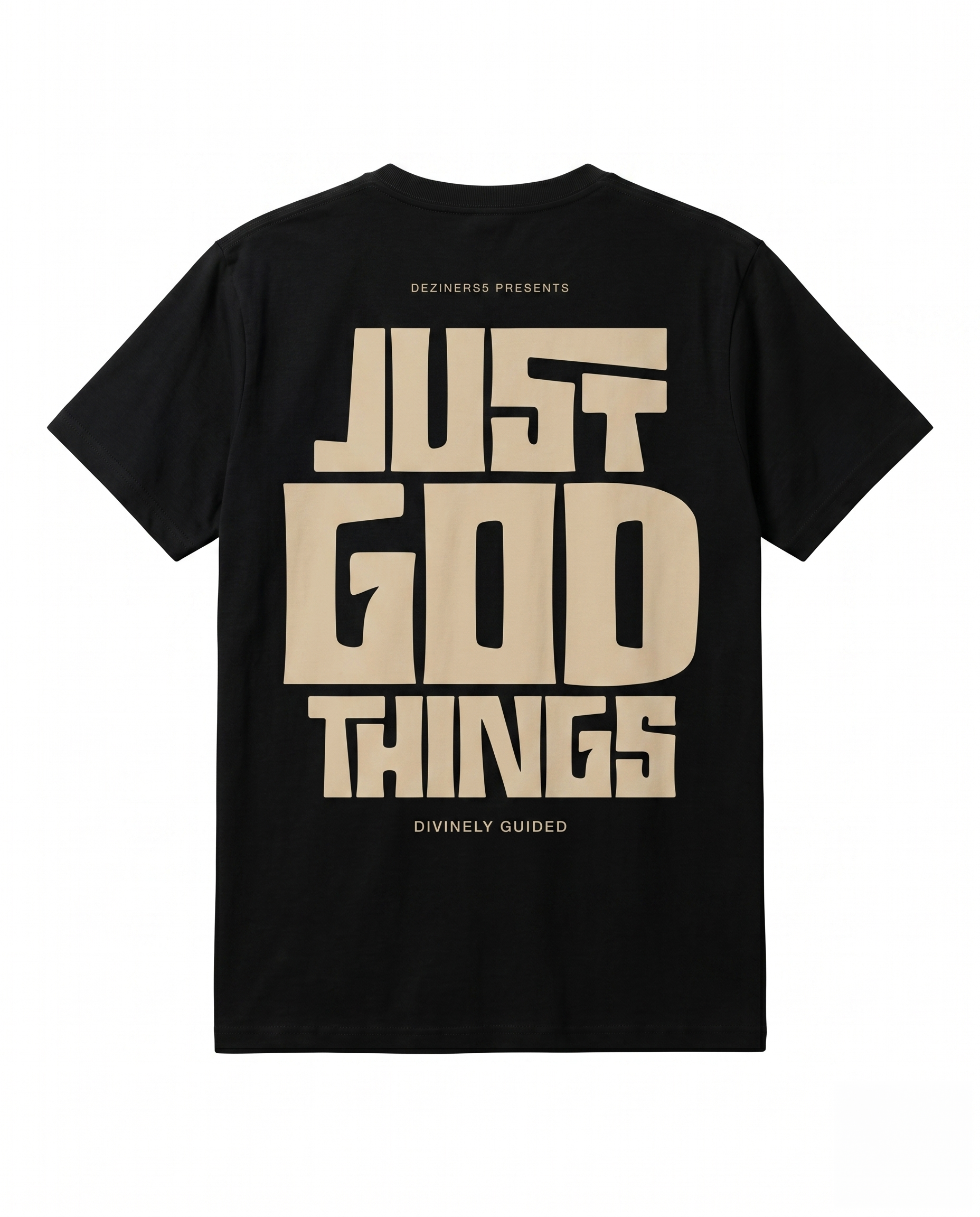Back view of JUST GOD THINGS men's regular fit black graphic t-shirt featuring large back print artwork.