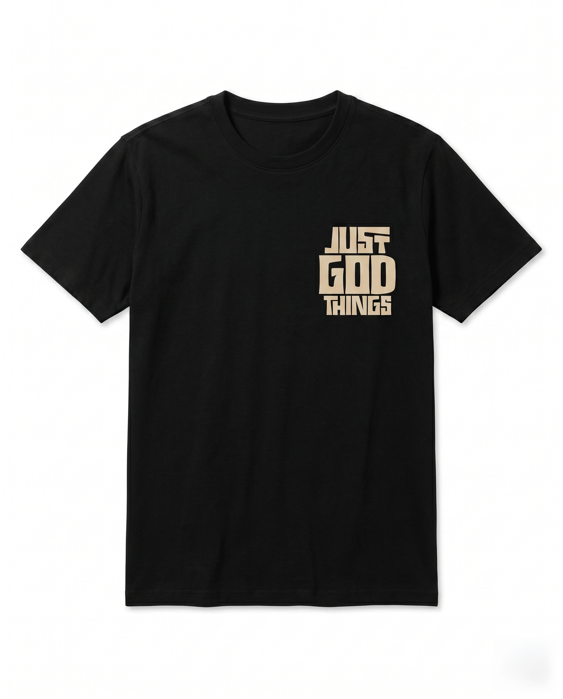 Front view of JUST GOD THINGS men's regular fit black graphic t-shirt with left chest pocket print.