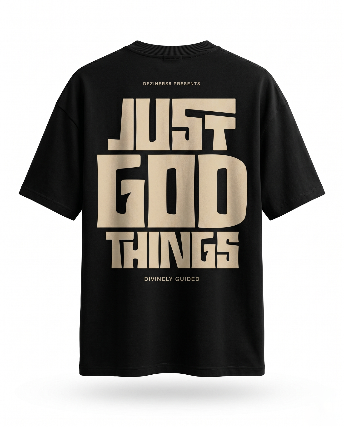 JUST GOD THINGS - Unisex oversized graphic t-shirt in black with text as a large back print on a white background.
