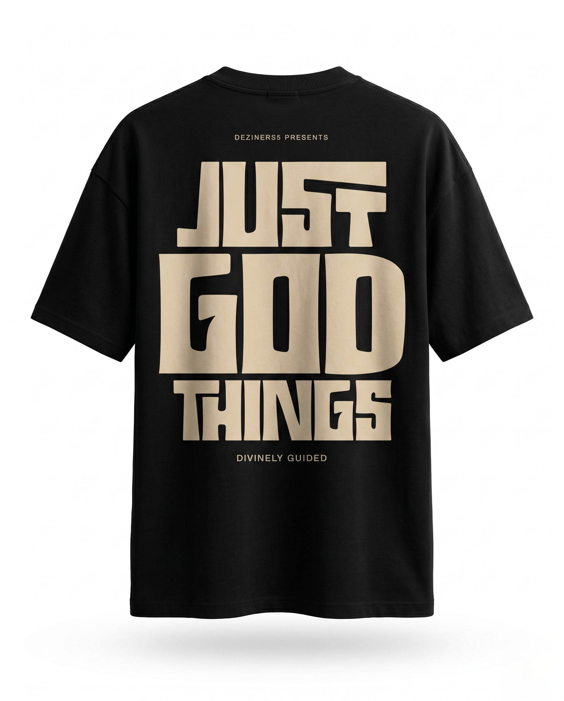 JUST GOD THINGS - Unisex oversized graphic t-shirt in black with text as a large back print on a white background.