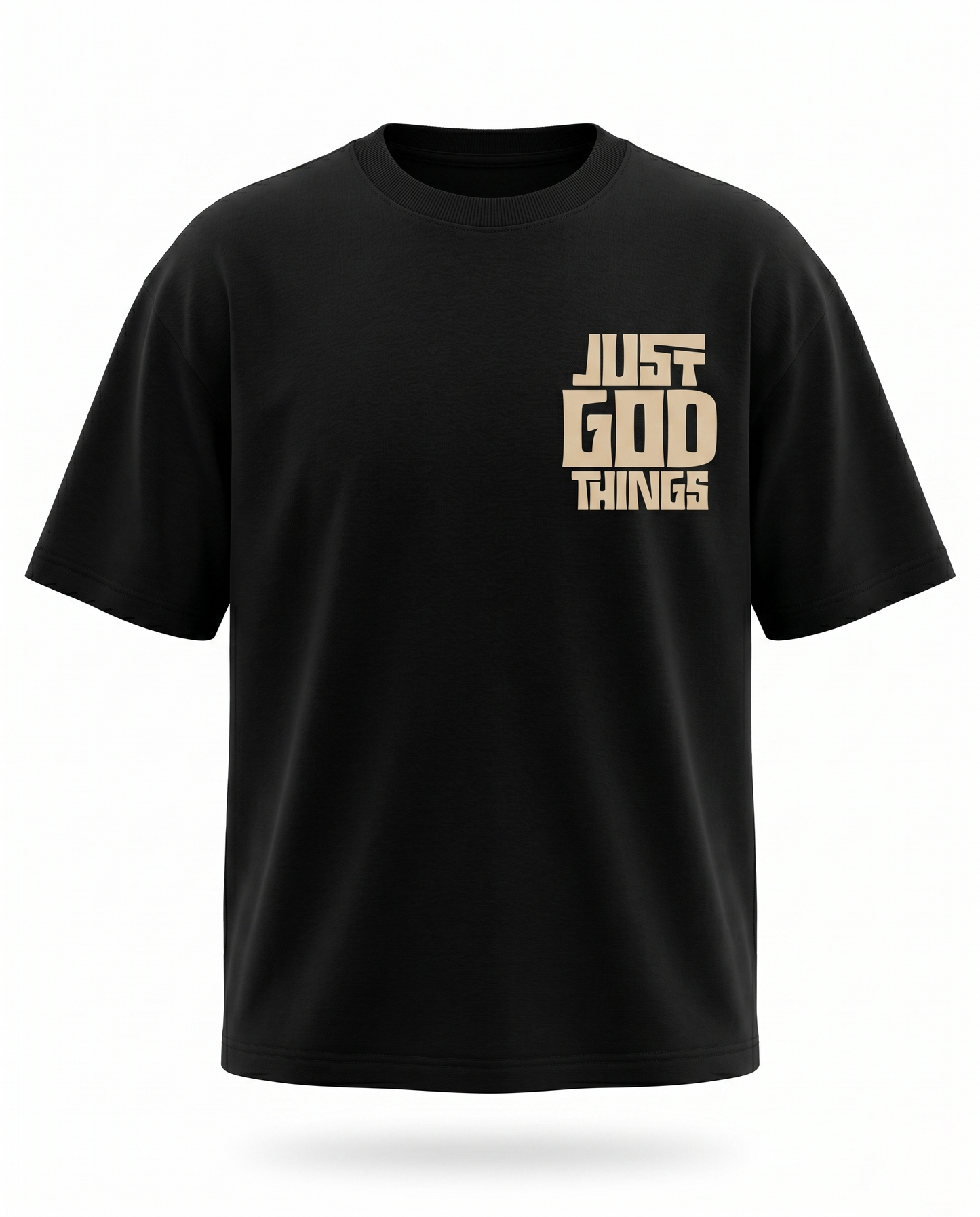JUST GOD THINGS - Unisex oversized graphic t-shirt in black with text on the chest against a light gray background.