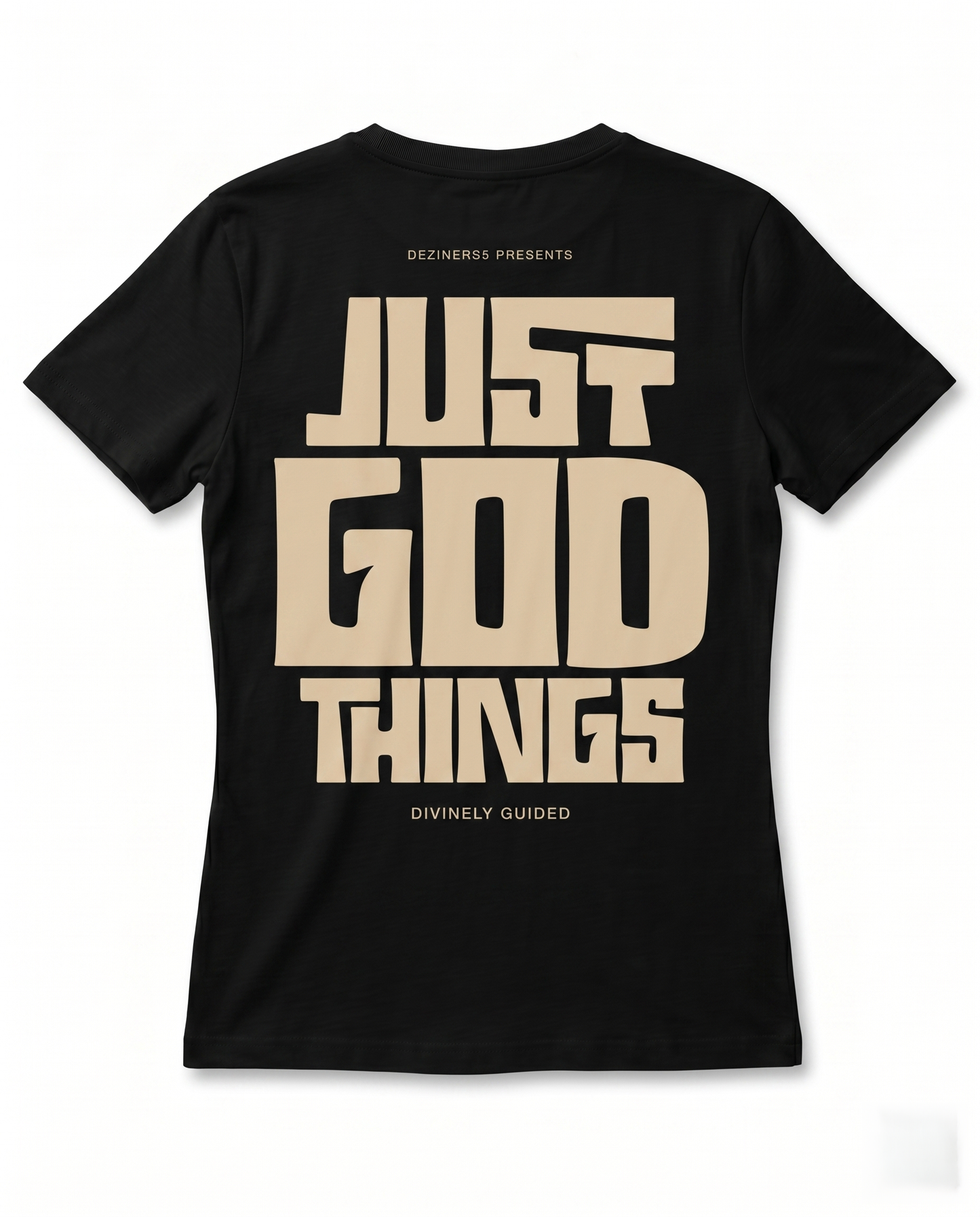 Back view of JUST GOD THINGS women's regular fit black graphic t-shirt featuring large back print artwork.