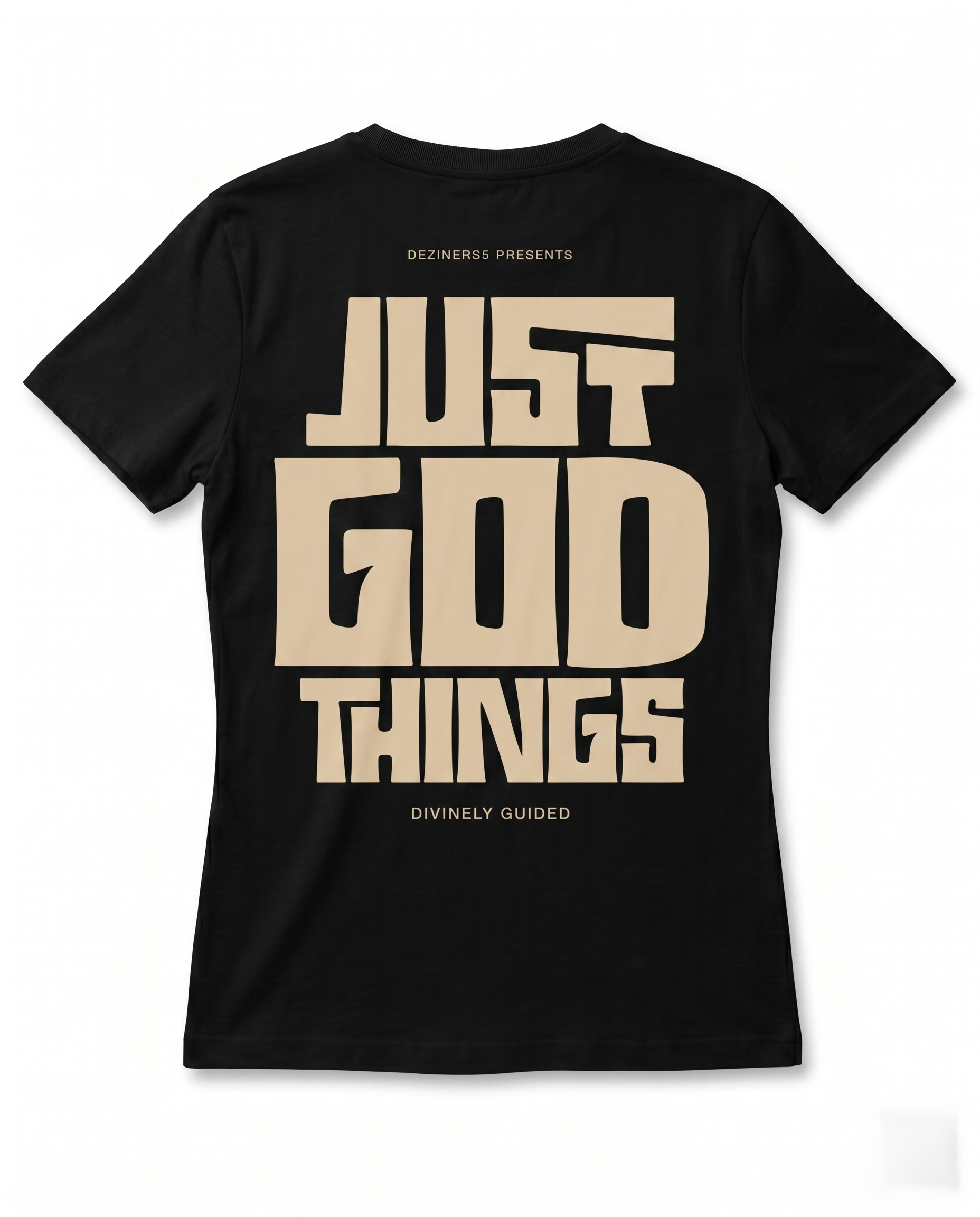 Back view of JUST GOD THINGS women's regular fit black graphic t-shirt featuring large back print artwork.