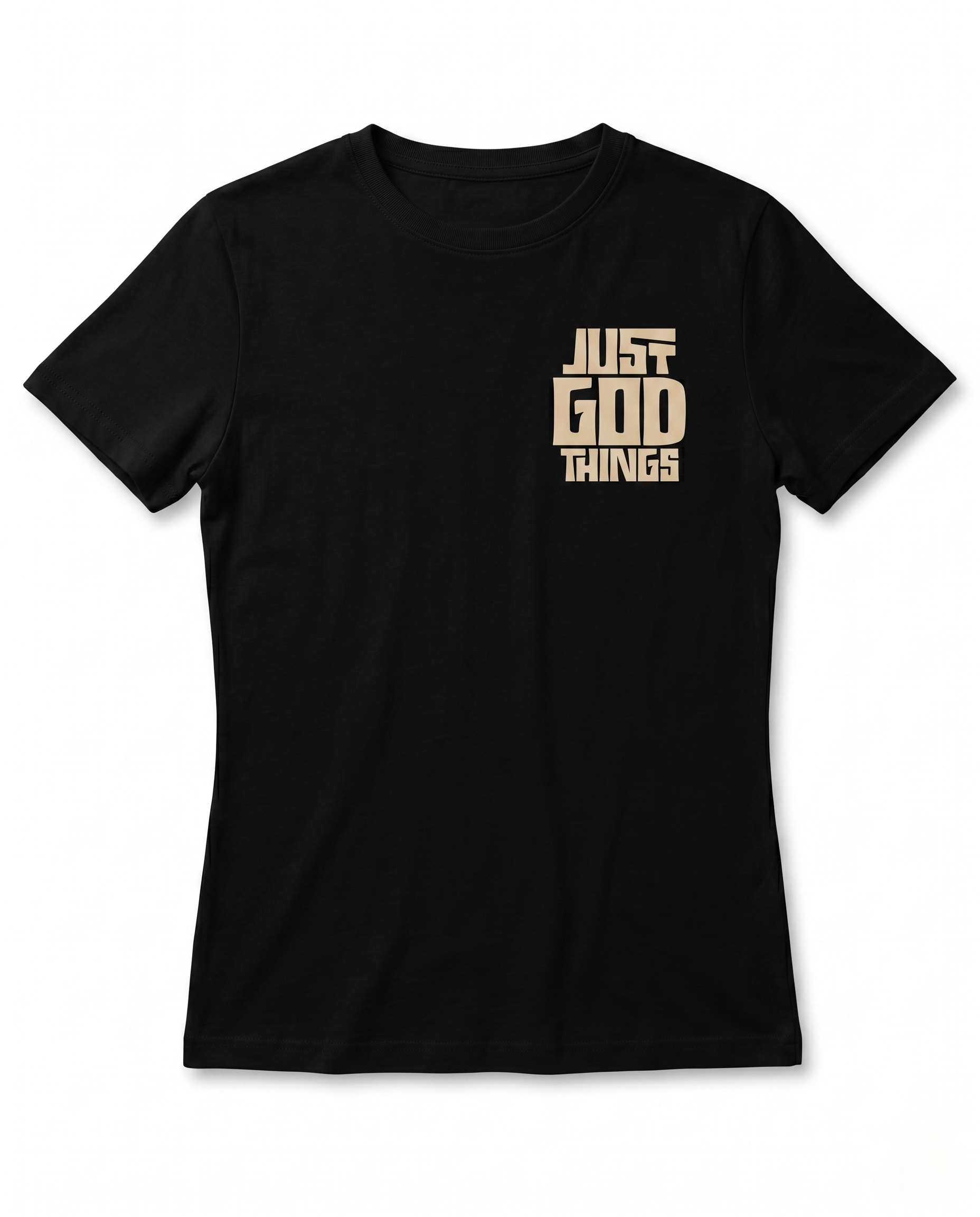 Front view of JUST GOD THINGS women's regular fit black graphic t-shirt with left chest pocket print.