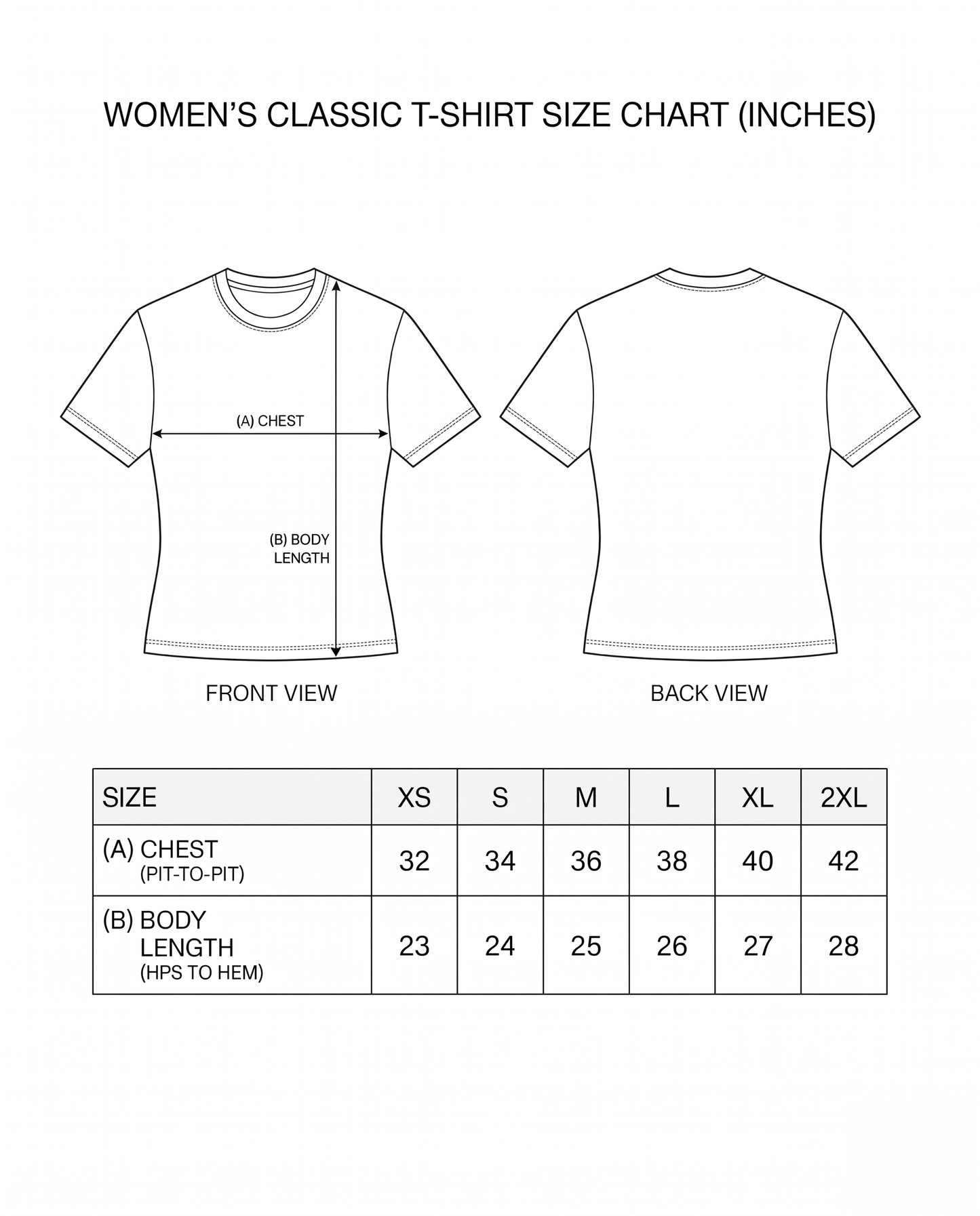 Size chart for JUST GOD THINGS women's regular fit graphic t-shirt showing chest width and body length measurements by size.
