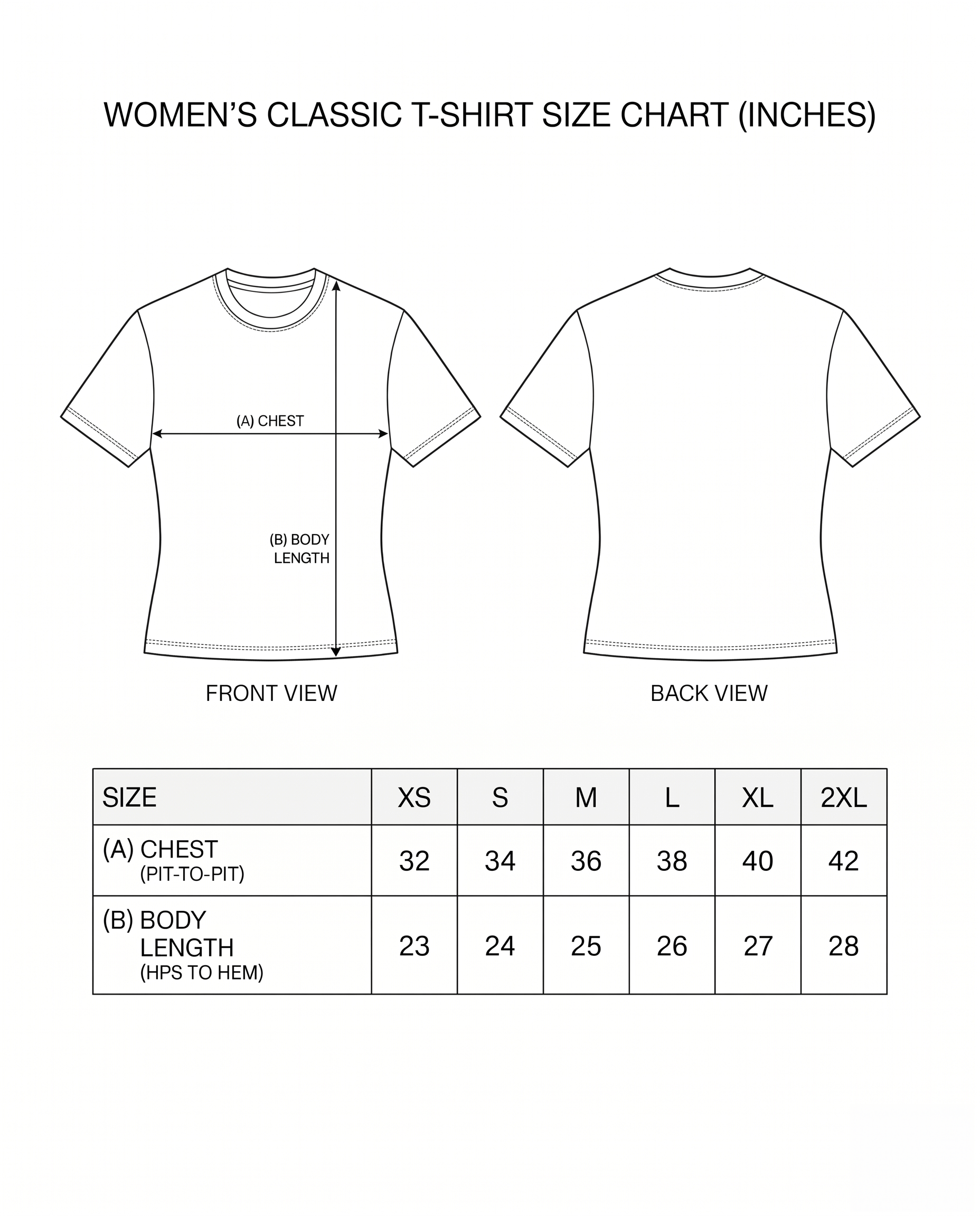 Size chart for JUST GOD THINGS women's regular fit graphic t-shirt showing chest width and body length measurements by size.