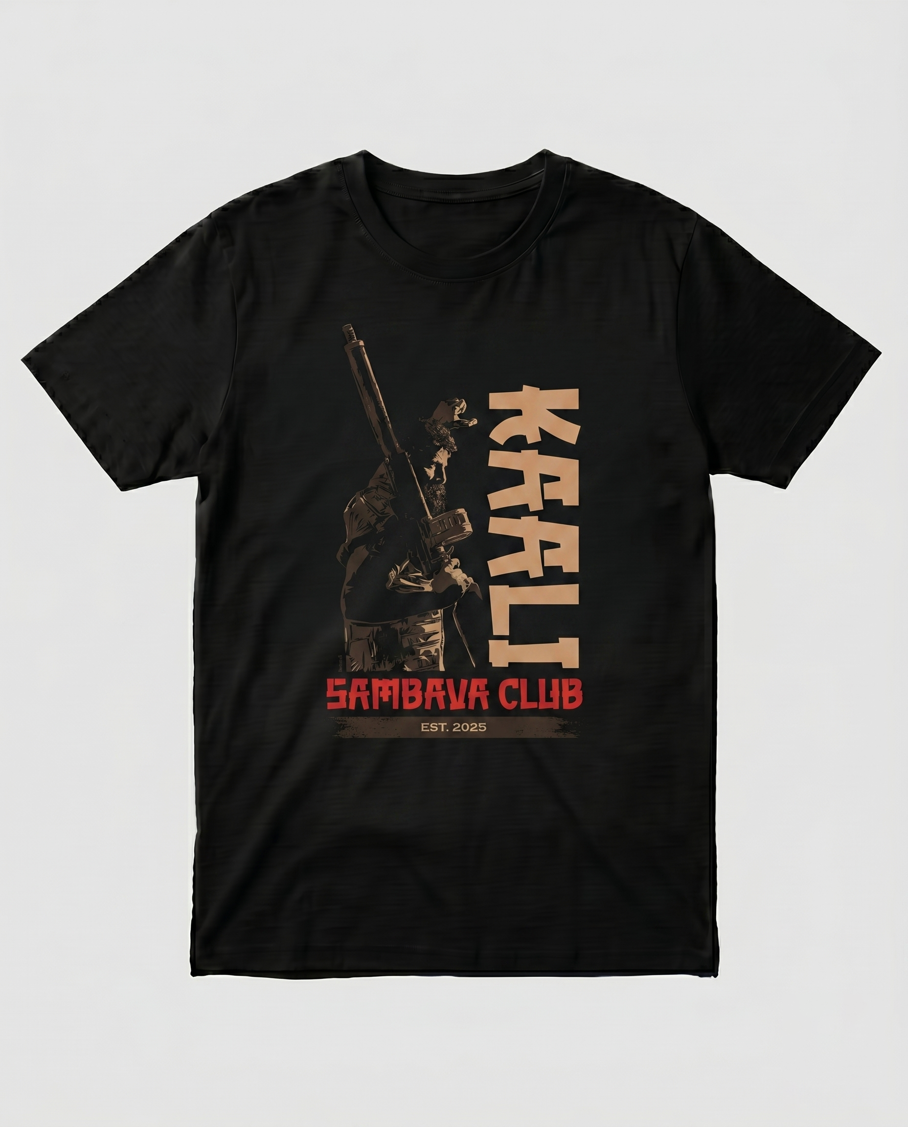 KAALI SAMBAVA CLUB men's regular-fit t-shirt featuring a bold typography and graphic design on a black t-shirt.