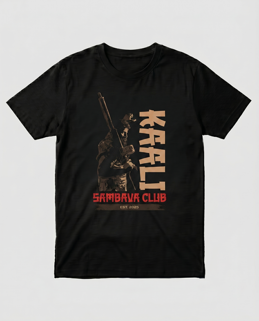 KAALI SAMBAVA CLUB men's regular-fit t-shirt featuring a bold typography and graphic design on a black t-shirt.