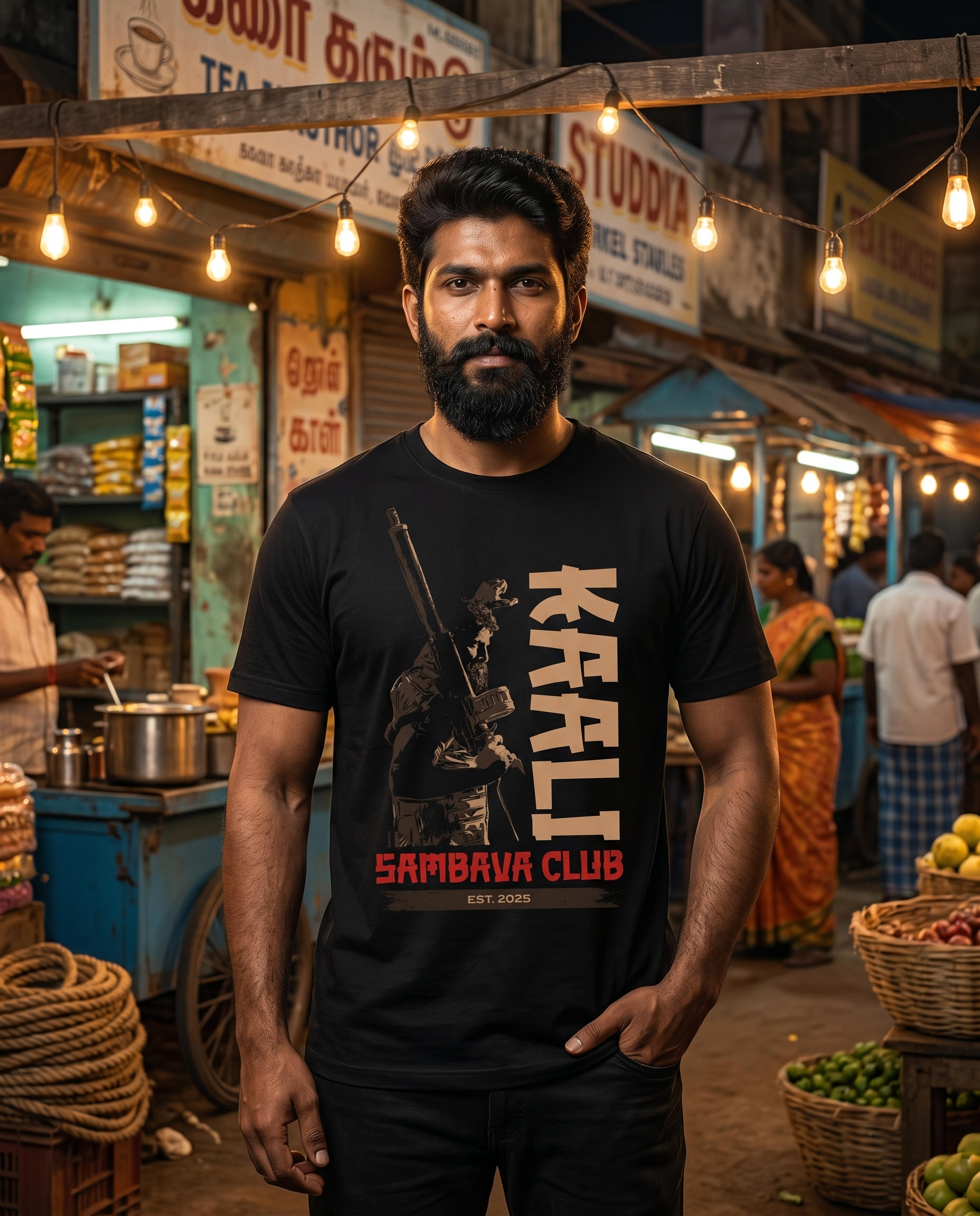 Young South Indian male wearing the KAALI SAMBAVA CLUB men's regular-fit t-shirt in black in a vibrant rural night market setting.