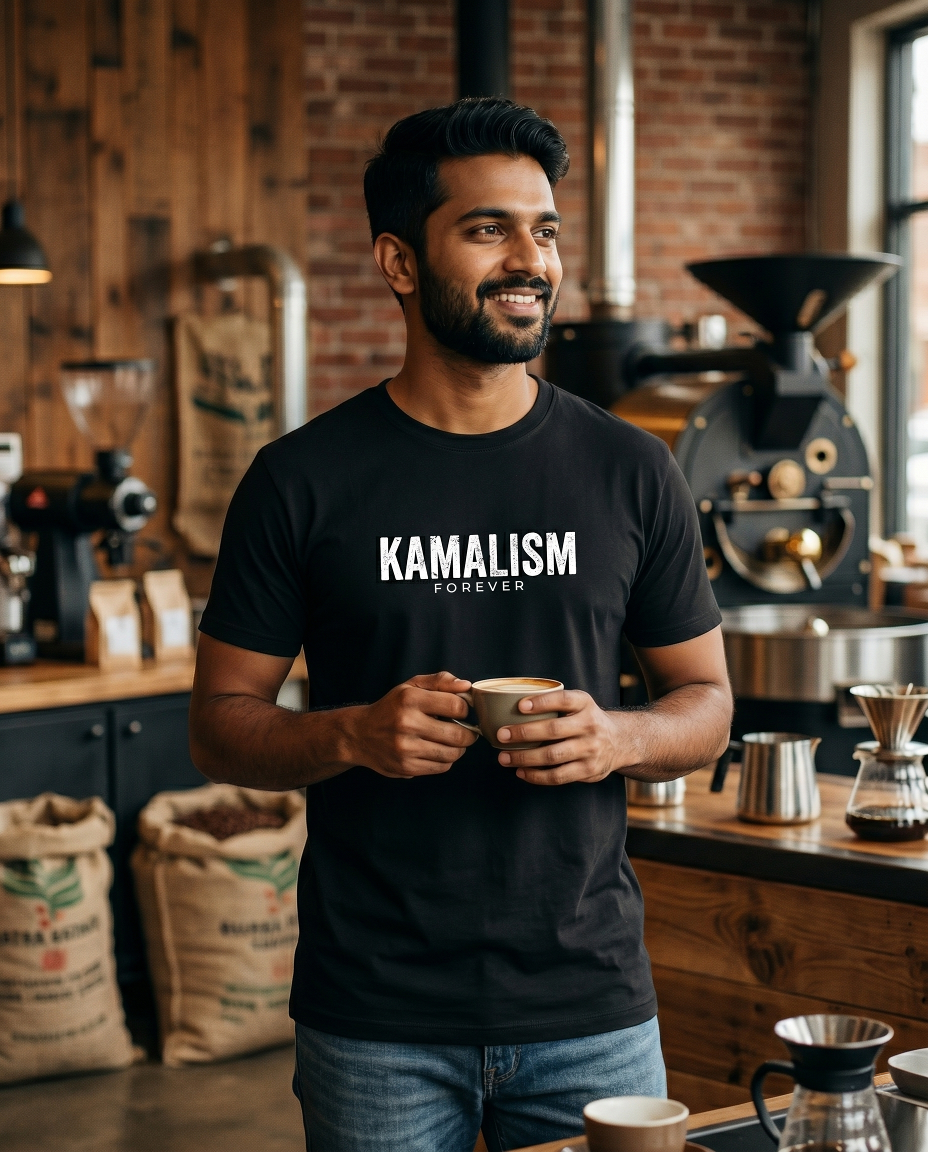 Young South Indian male wearing the KAMALISM FOREVER men's regular-fit t-shirt in black in a premium lifestyle setting.