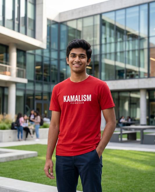 Young South Indian male wearing the KAMALISM FOREVER men's regular-fit t-shirt in red in a premium lifestyle setting.