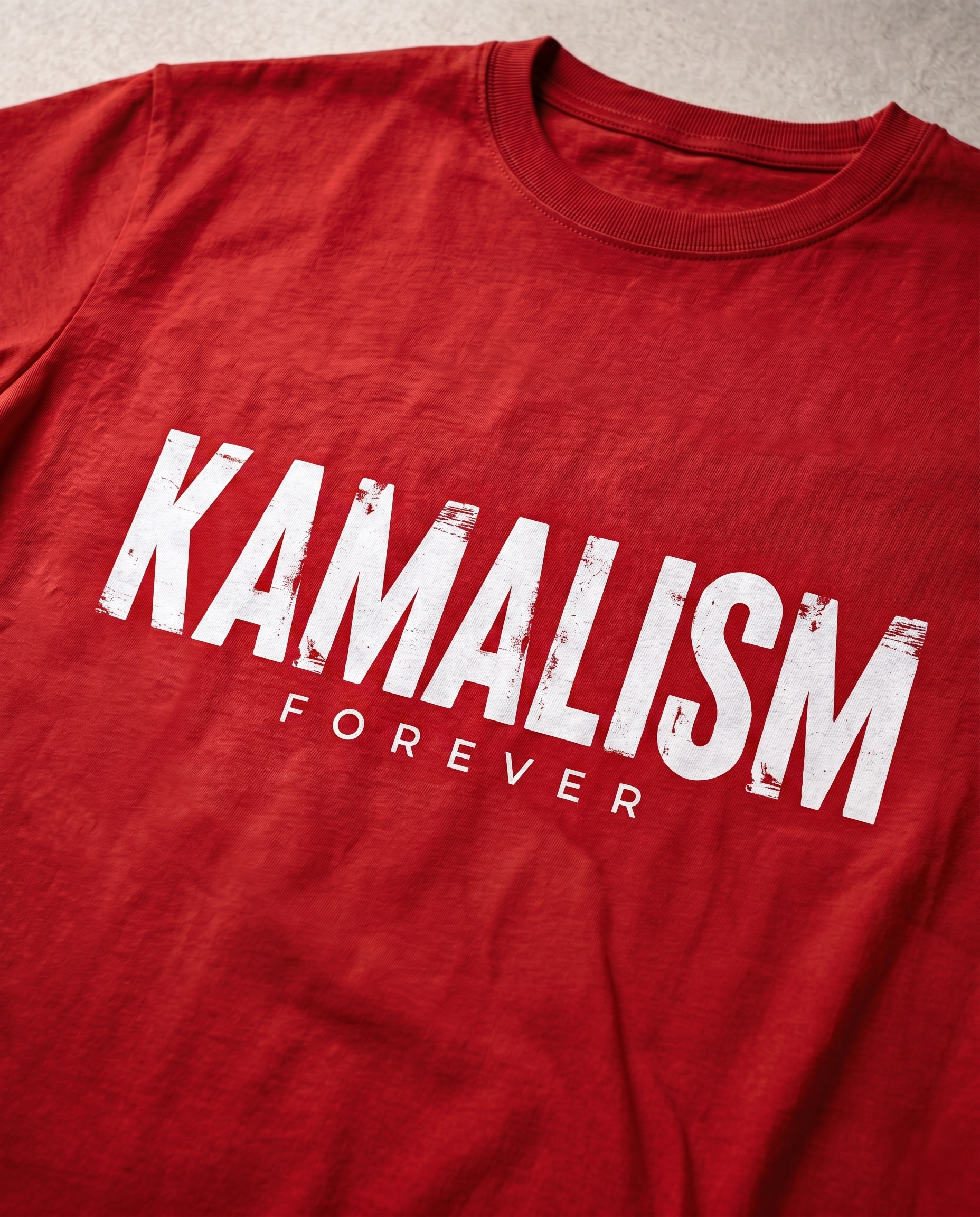 Close-up view of the KAMALISM FOREVER front graphic print showcasing premium print quality and design details on a red men's regular-fit t-shirt.