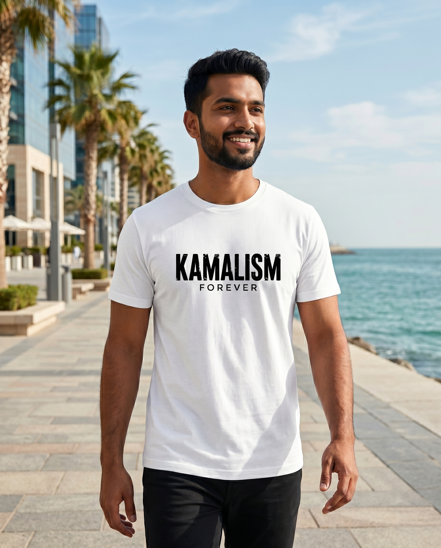 Young South Indian male wearing the KAMALISM FOREVER men's regular-fit t-shirt in white in a premium lifestyle setting.