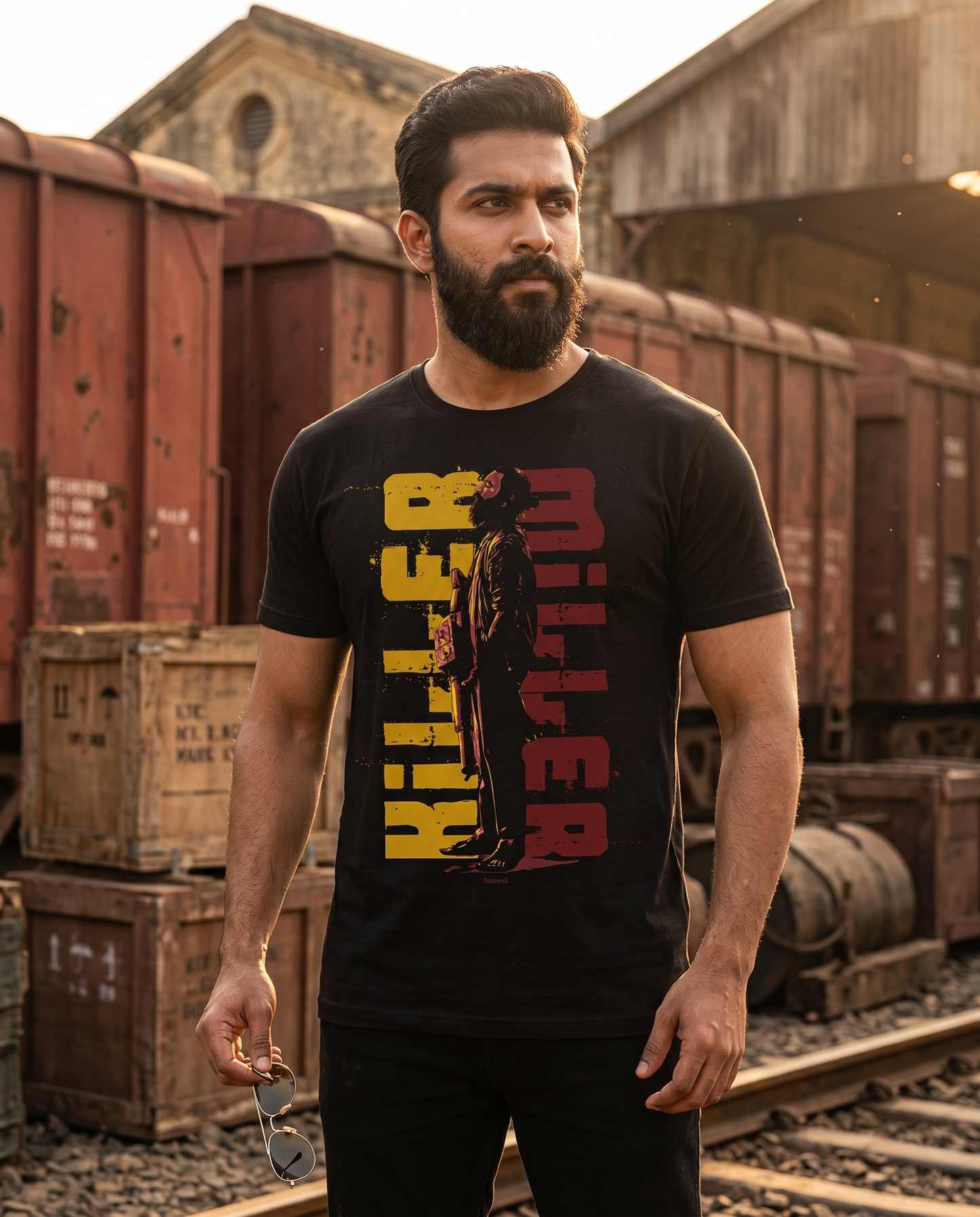 Young South Indian male wearing the KILLER MILLER men's regular-fit t-shirt in black in a rugged heritage-inspired outdoor setting.