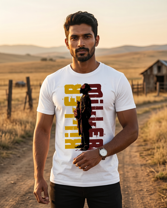 Young South Indian male wearing the KILLER MILLER men's regular-fit t-shirt in white in a rugged heritage-inspired outdoor setting.