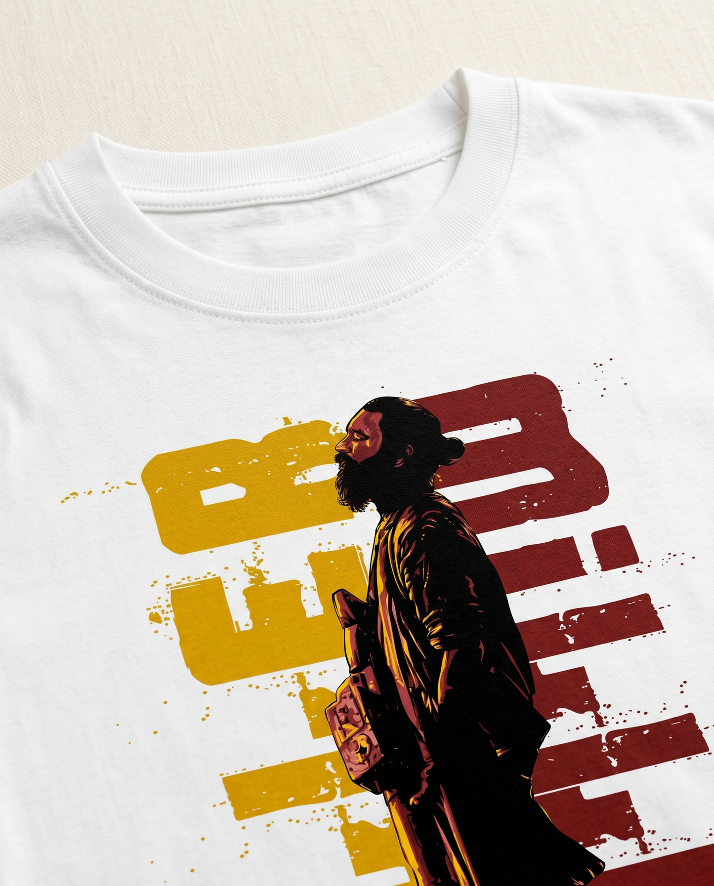 Detailed close-up of the KILLER MILLER graphic print showcasing premium print quality and illustration details on a white men's regular-fit t-shirt.