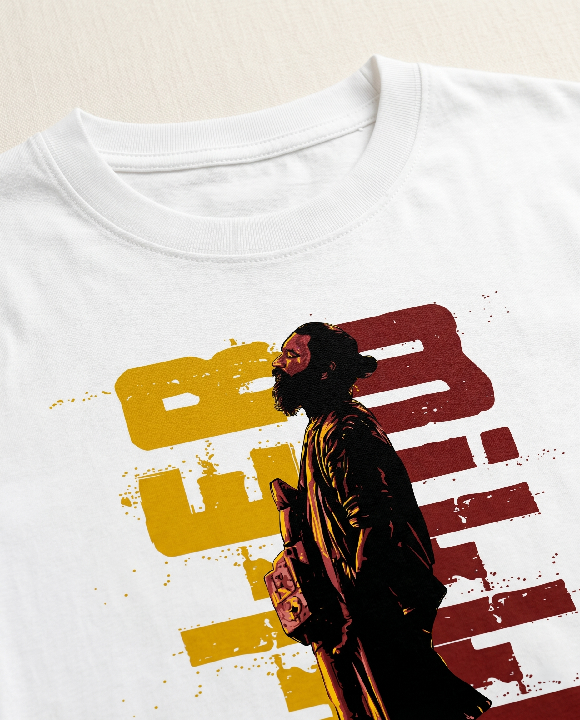 Detailed close-up of the KILLER MILLER graphic print showcasing premium print quality and illustration details on a white men's regular-fit t-shirt.